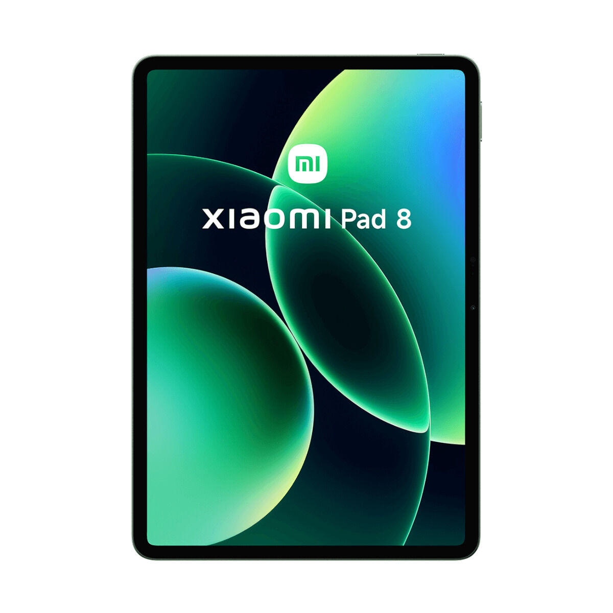 Ein Xiaomi Pad 8 Tablet mit einem grünen, abstrakten Hintergrund wird gezeigt.