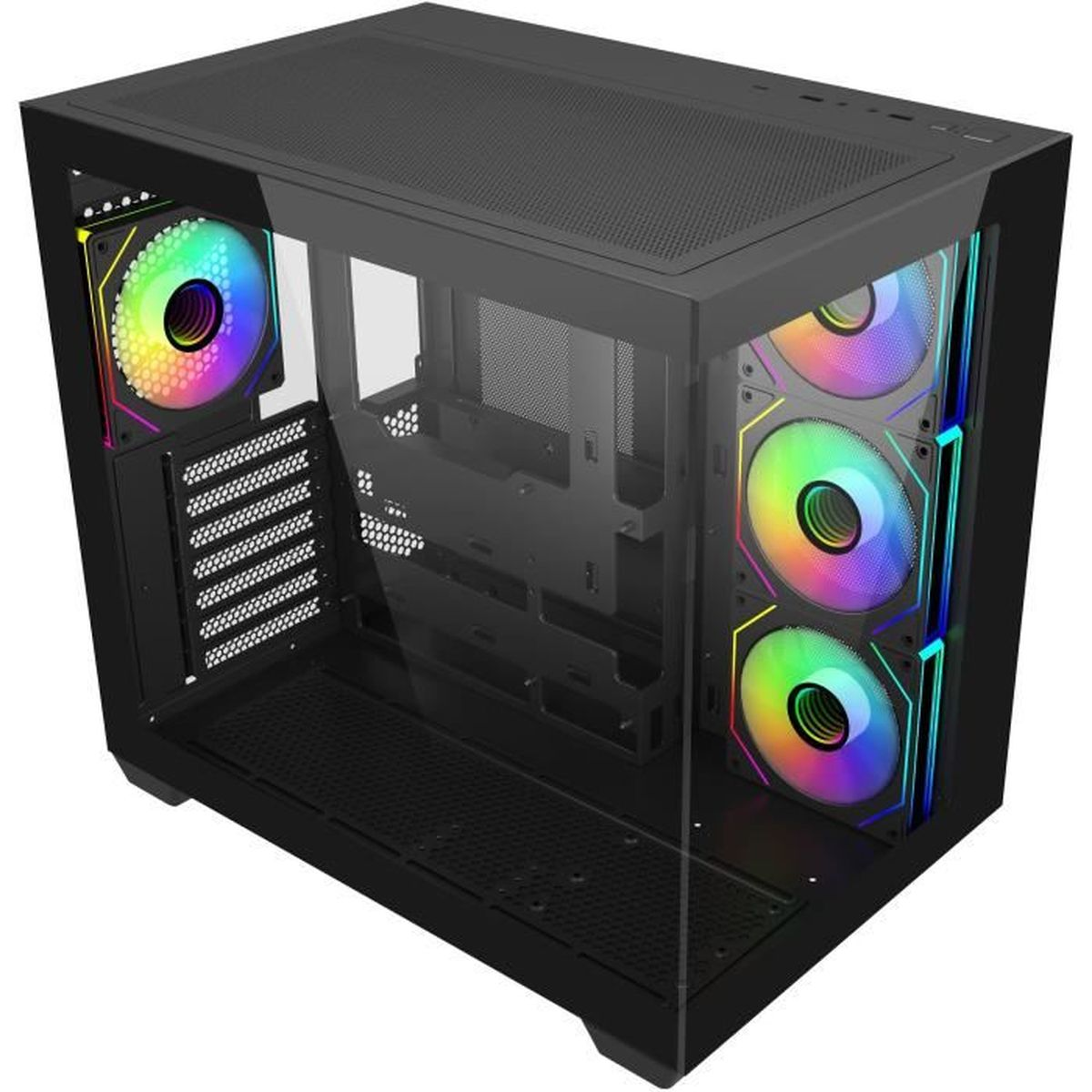 Case del computer nero con pannello in vetro e ventole RGB.