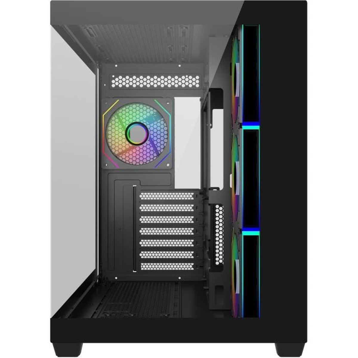 Un case per computer con pannello laterale in vetro e ventole RGB.
