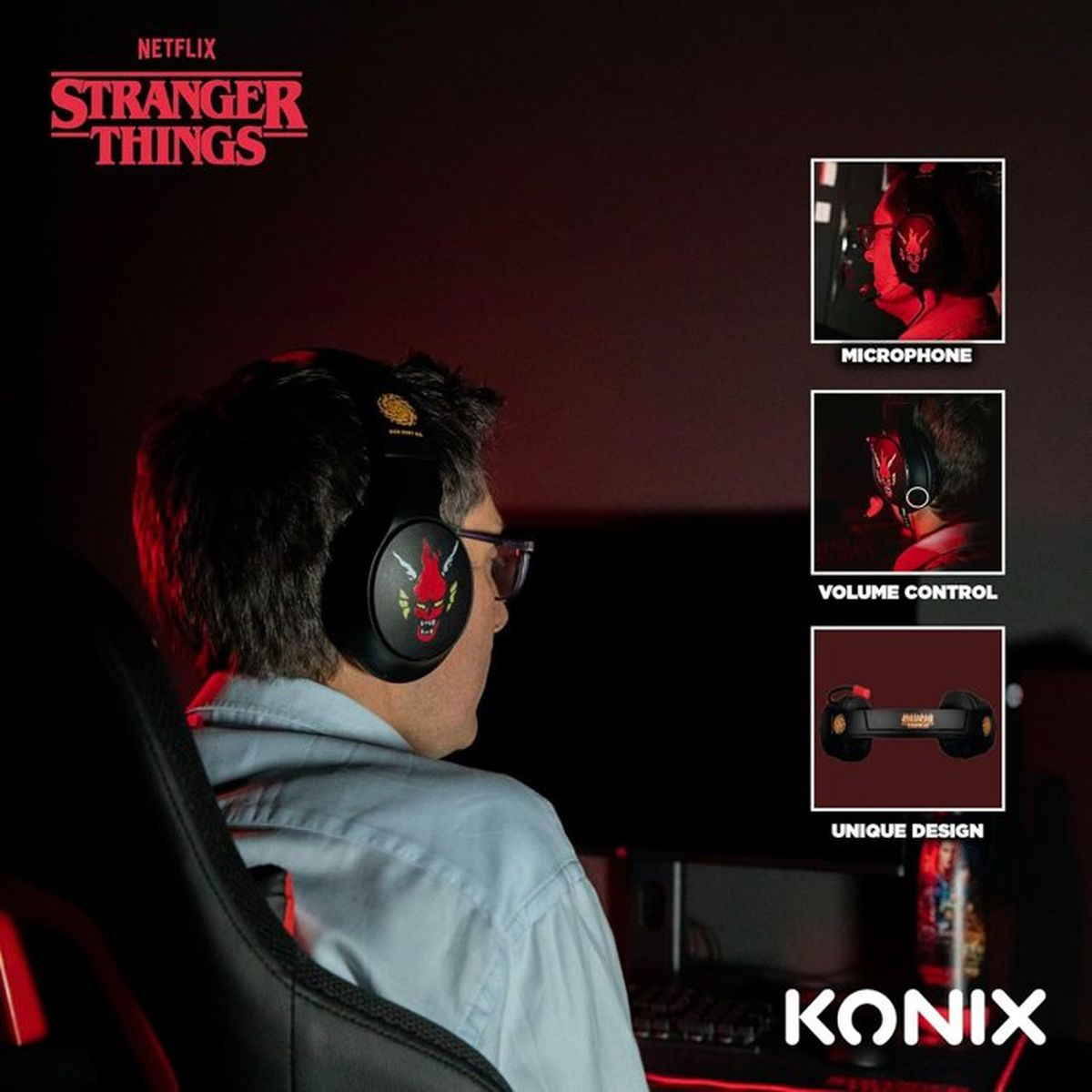 Mężczyzna ze słuchawkami Stranger Things, mikrofonem, regulacją głośności, unikalnym designem.