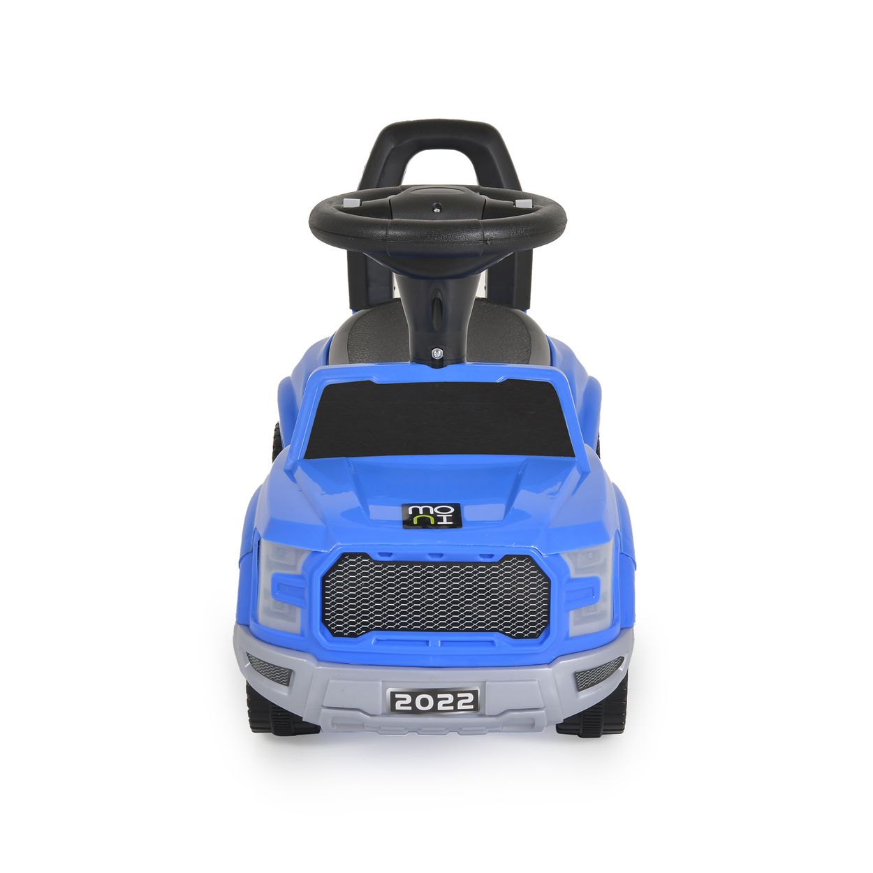Blaues Kinderauto mit Lenkrad und "2022"-Aufdruck.