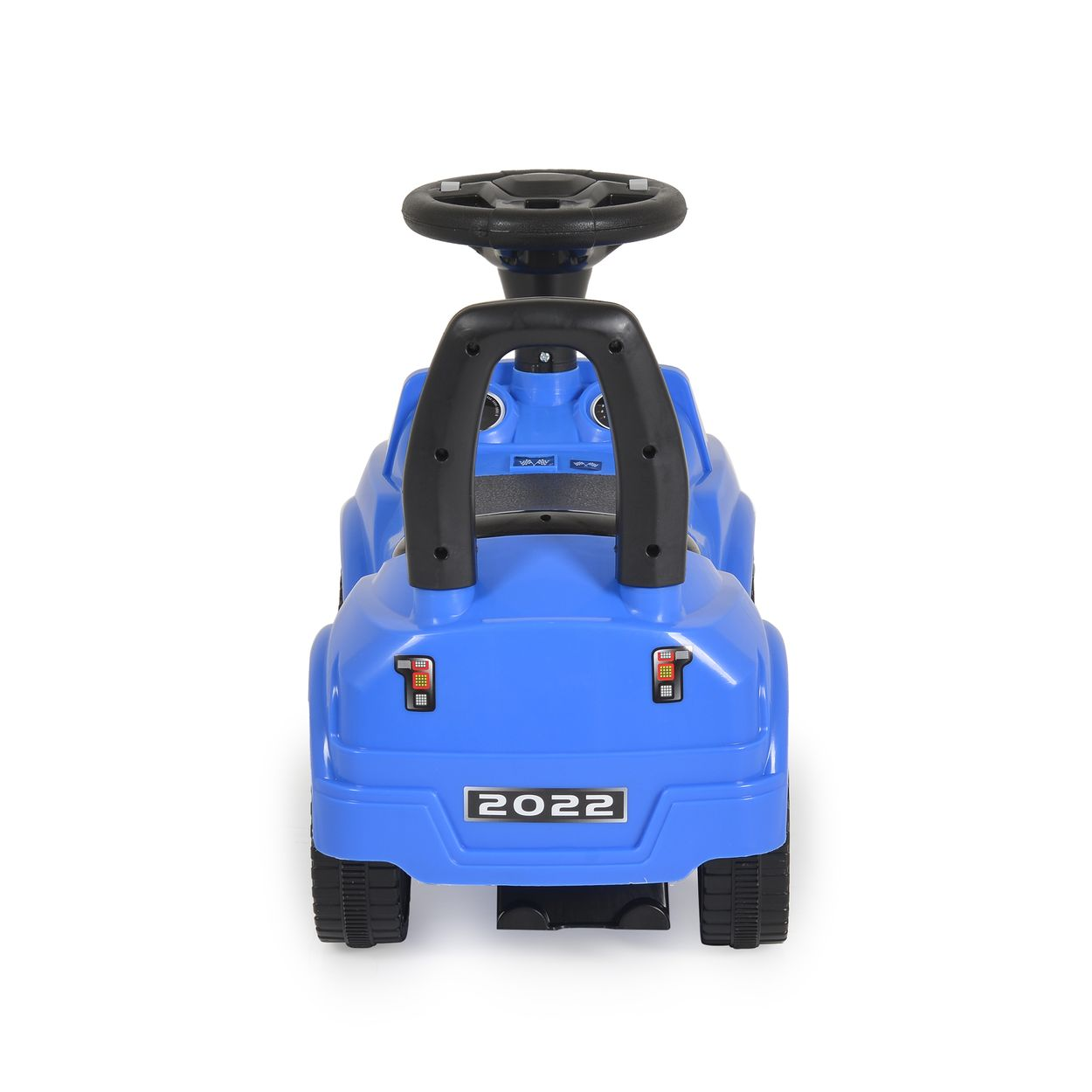 Blauer Kinderauto-Roller mit schwarzem Lenkrad und Griff. Hinten mit '2022'.