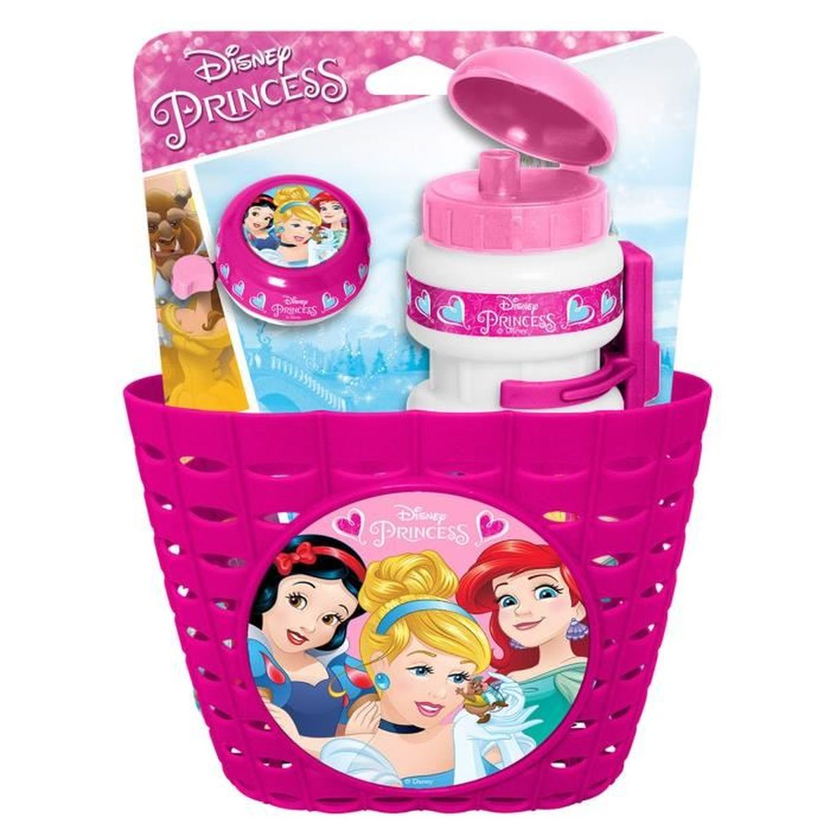 Ein rosa Disney Prinzessinnen Fahrradkorb mit Seifenblasen-Fläschchen und Figuren.