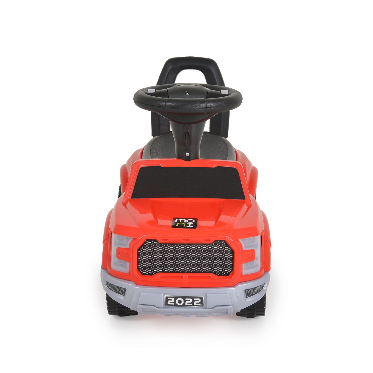 Ein rotes Spielzeugauto mit Lenkrad und der Jahreszahl 2022.