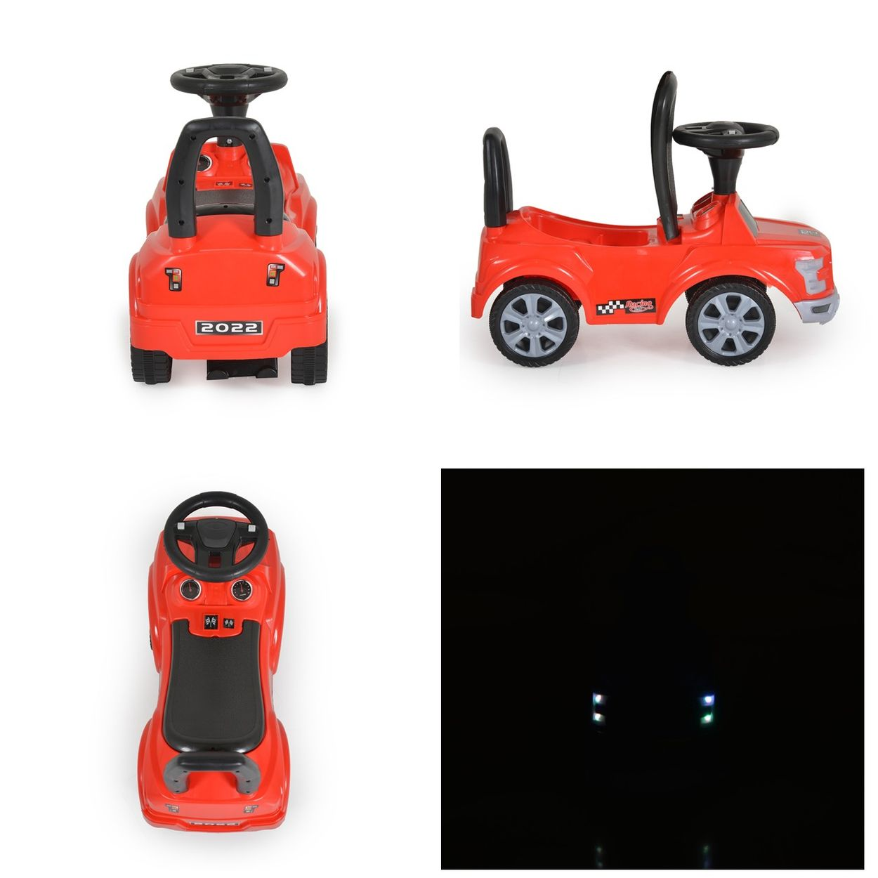 Rotes Spielzeugauto mit Lenkrad und Rädern, 2022-Aufdruck.