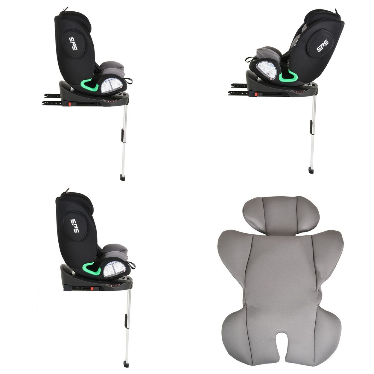Schwarz-grauer Kindersitz mit Stützfuß und separater grauer Sitzauflage.
