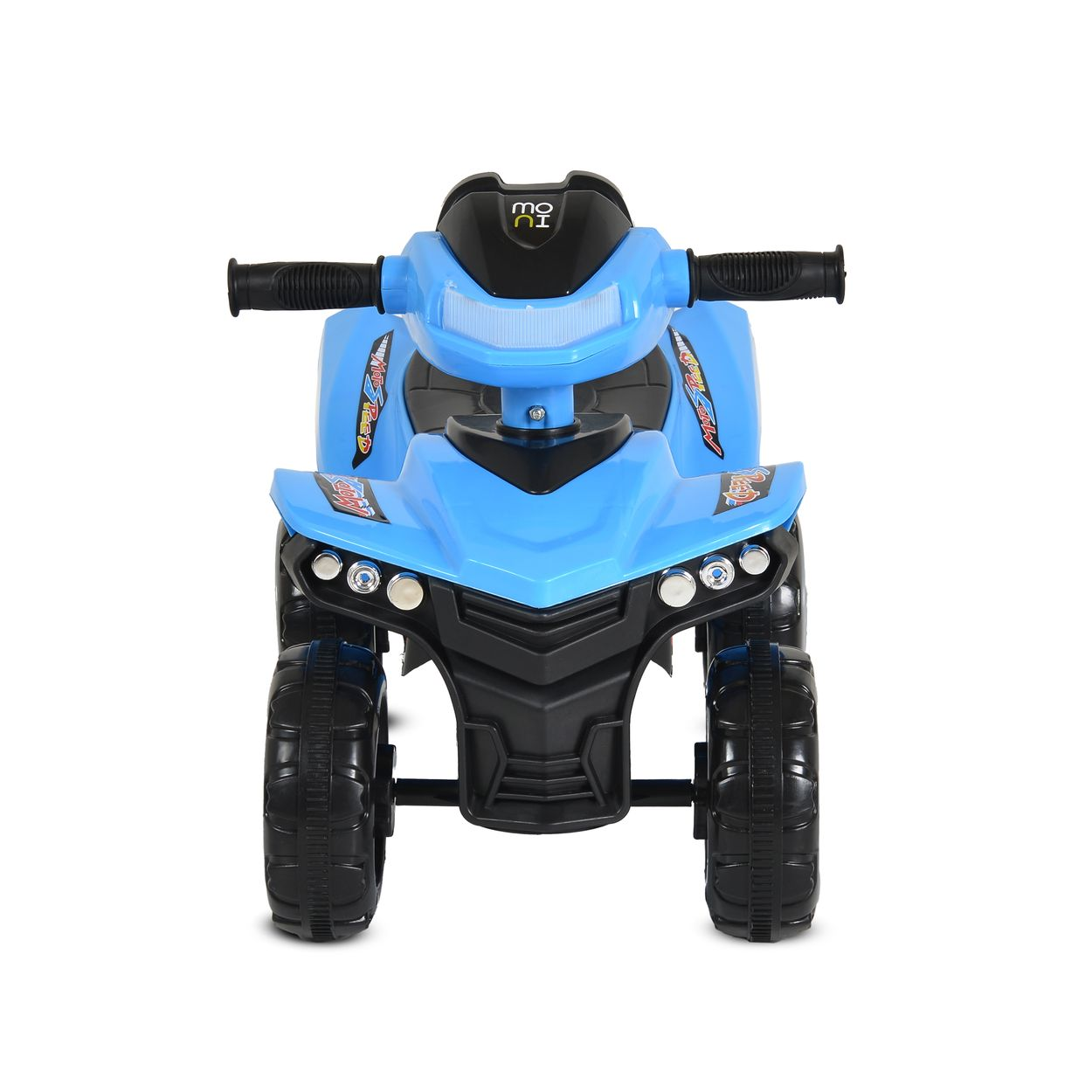 Ein blaues Kinderquad mit schwarzen Rädern und Griffen, Frontscheinwerfern.
