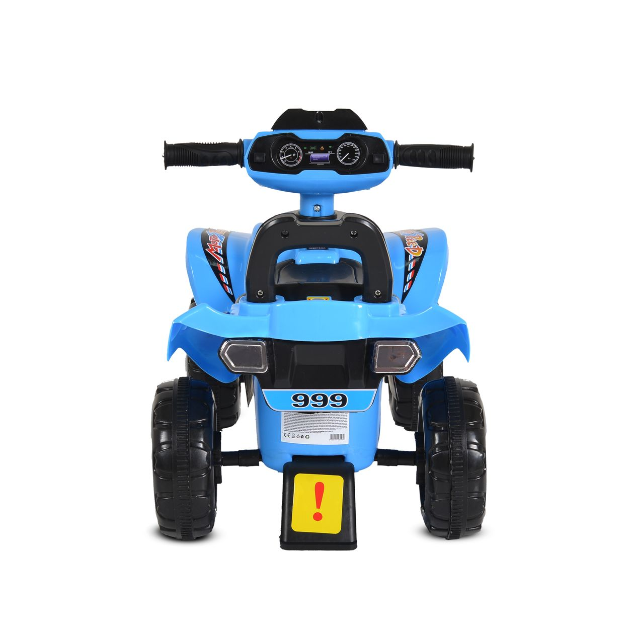 Blaues Kinder-Quad mit schwarzen Rädern, Lenker und Armaturenbrett.