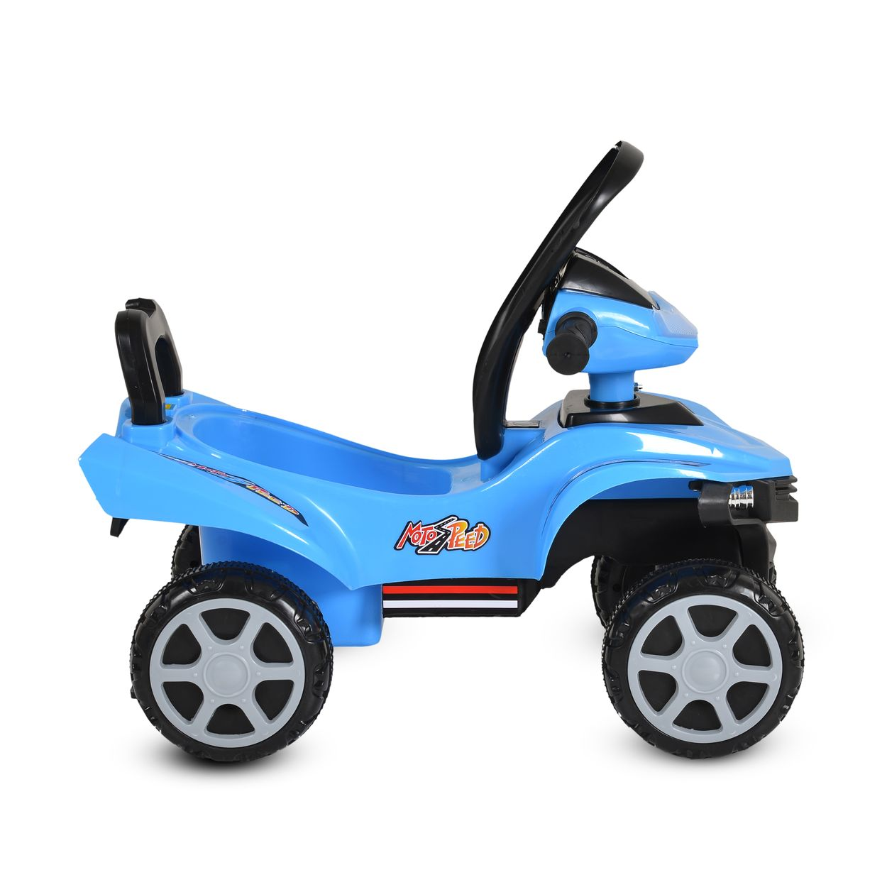 Ein blaues Kinder-Quad mit schwarzem Lenkrad und Griffen.