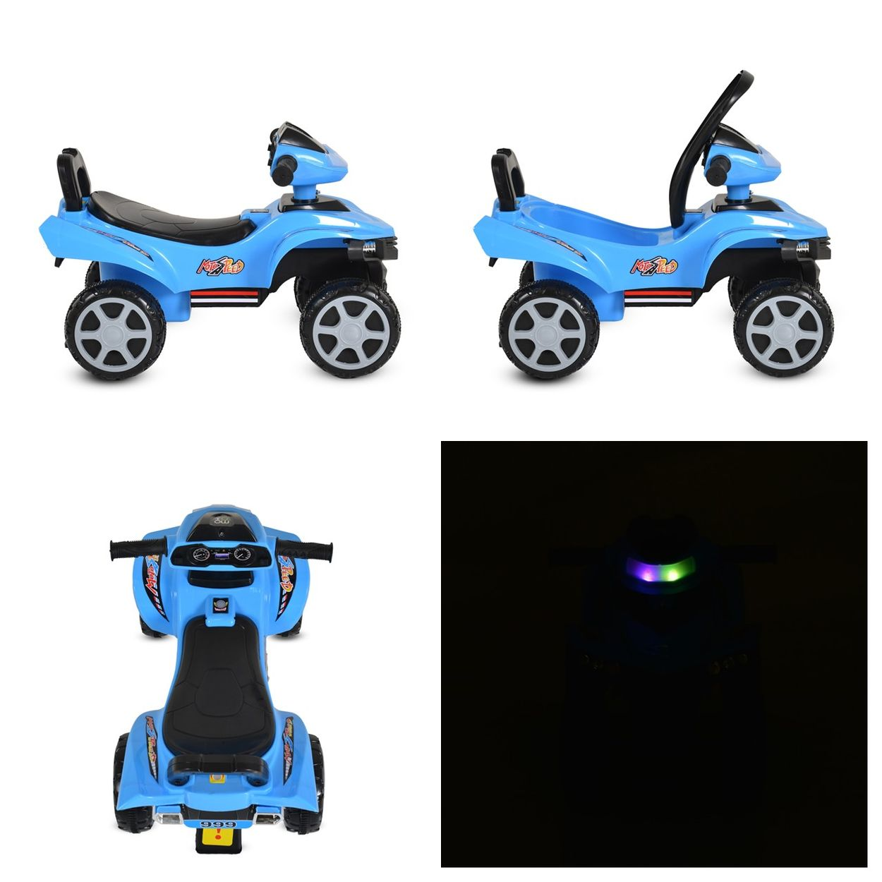Blauer Kinder-Quad mit schwarzem Sitz und Rädern. Lichter leuchten im Dunkeln.