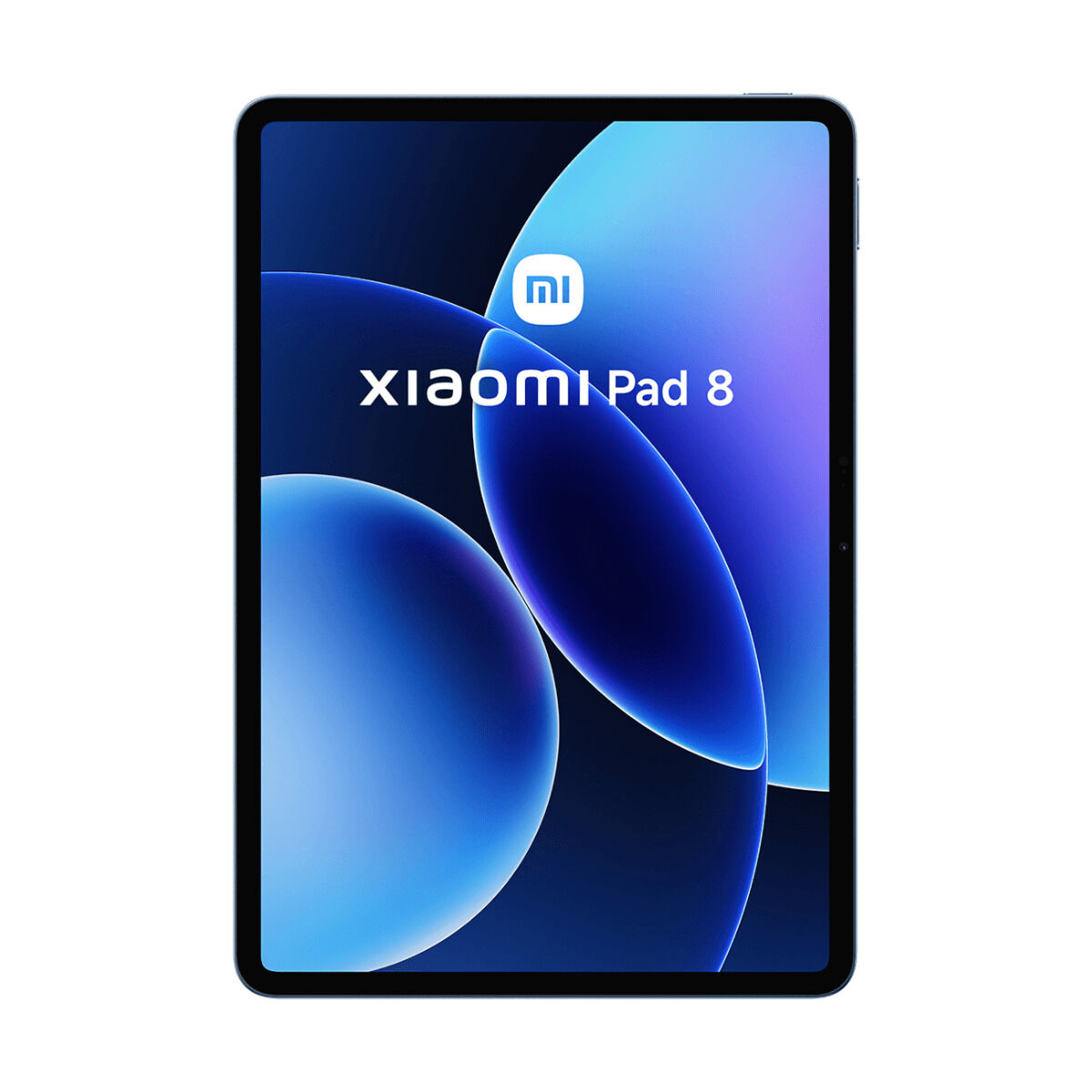 Ein Xiaomi Pad 8 Tablet mit blauem Hintergrund und leuchtenden Kreisen.