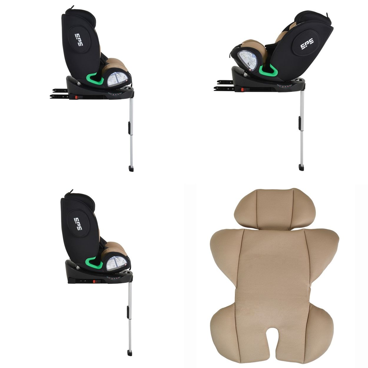 Drei Kindersitze in Schwarz/Braun mit Stützbeinen und ein beige Sitzbezug.
