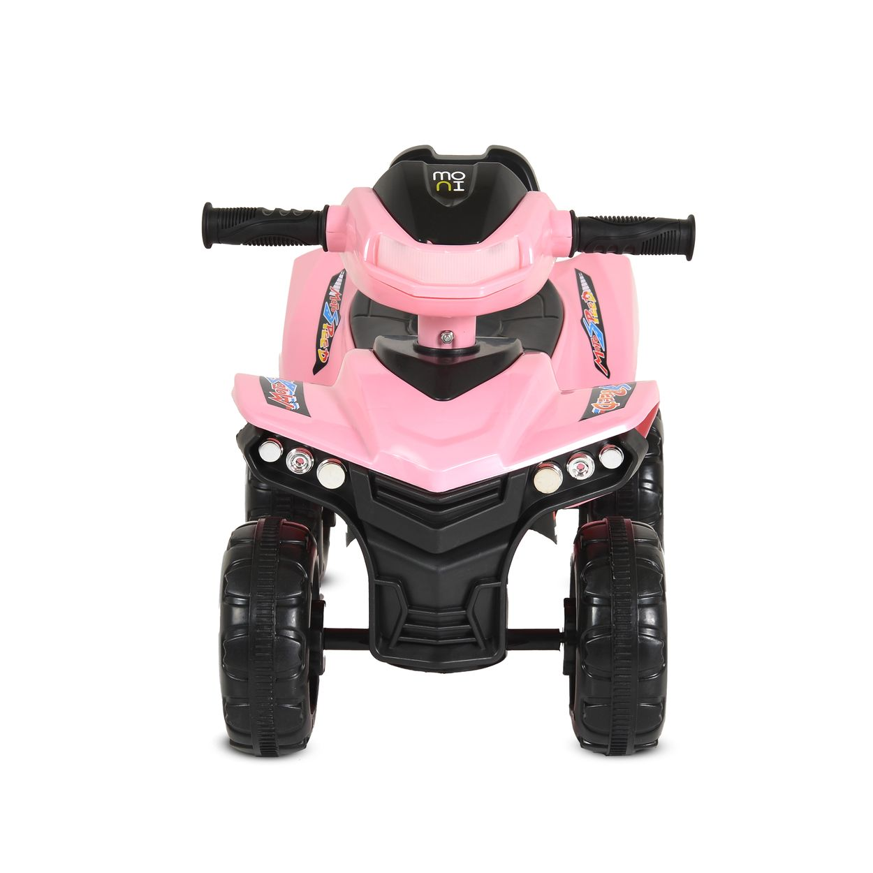 Ein rosafarbenes Kinder-Quad mit schwarzen Rädern und Griffen.