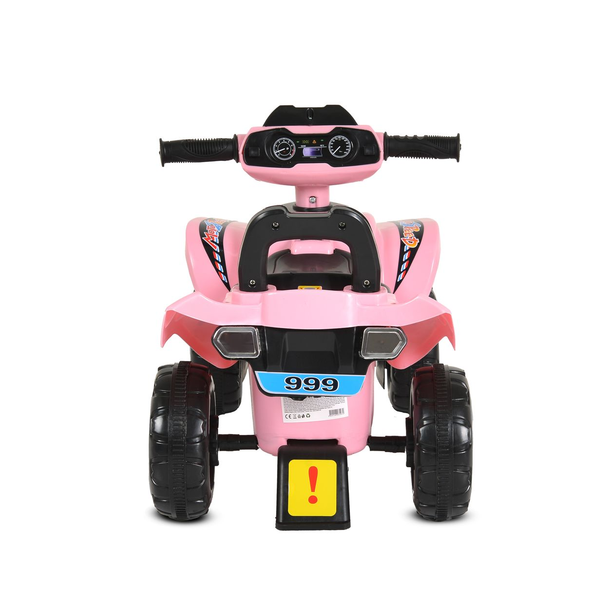 Ein rosa Kinder-Quad mit schwarzen Rädern und einem Warnschild.