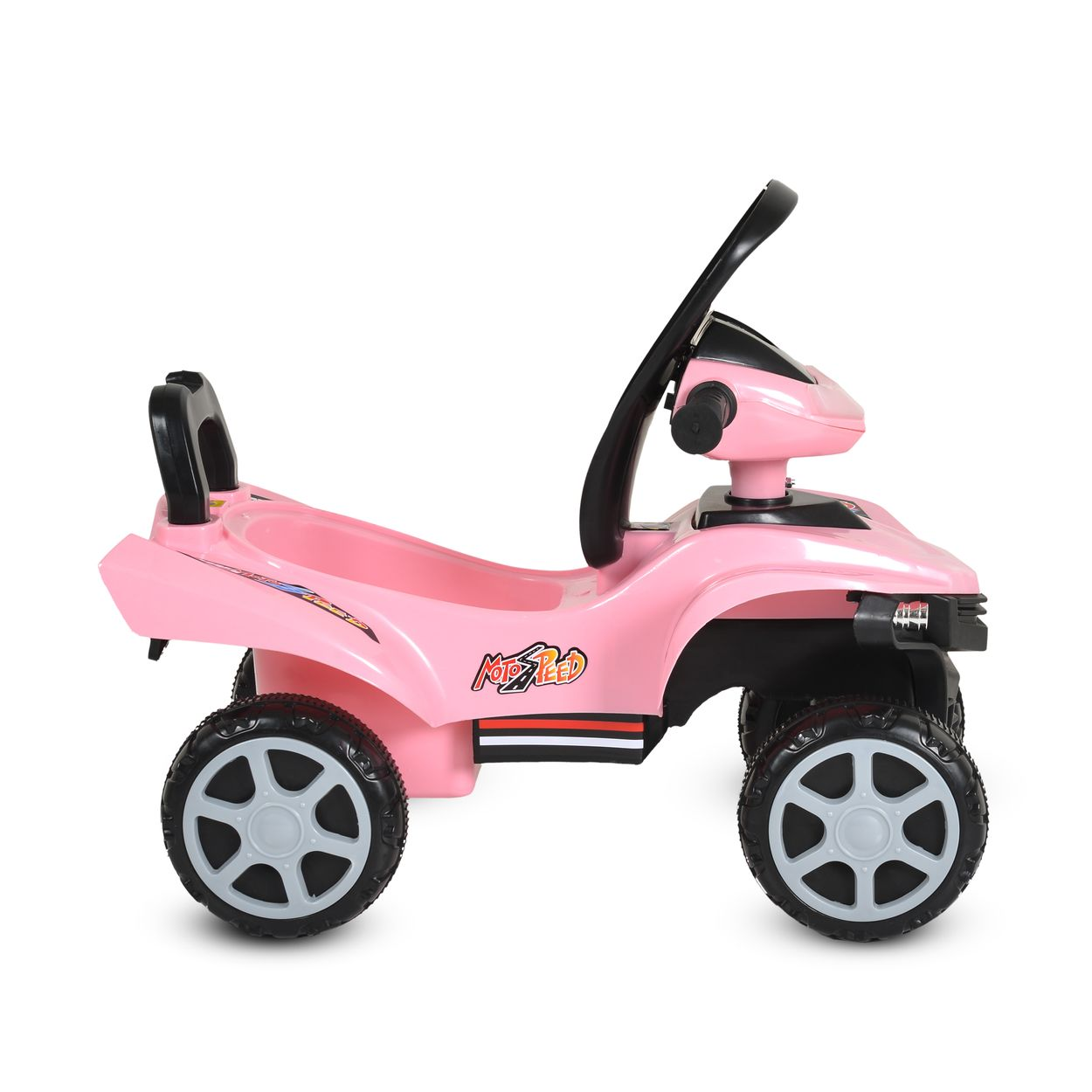 Ein rosafarbener Kinder-ATV mit schwarzem Lenkrad und Griffen.