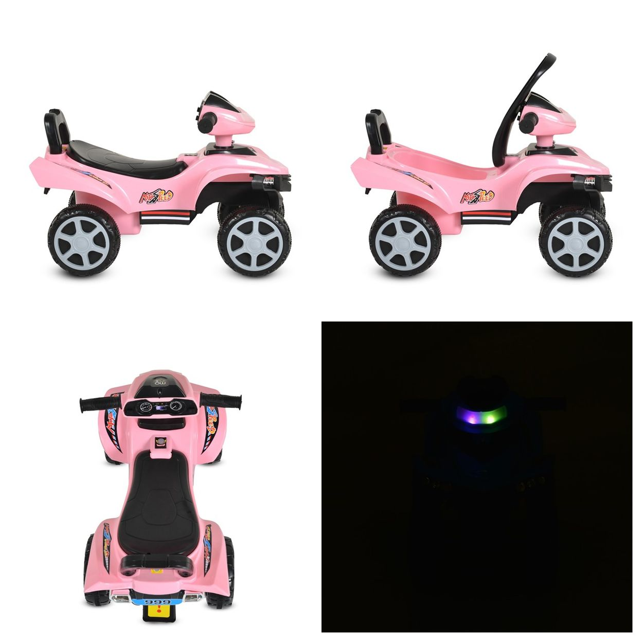 Rosa Kinder-Quad mit schwarzen Akzenten und Rädern.
