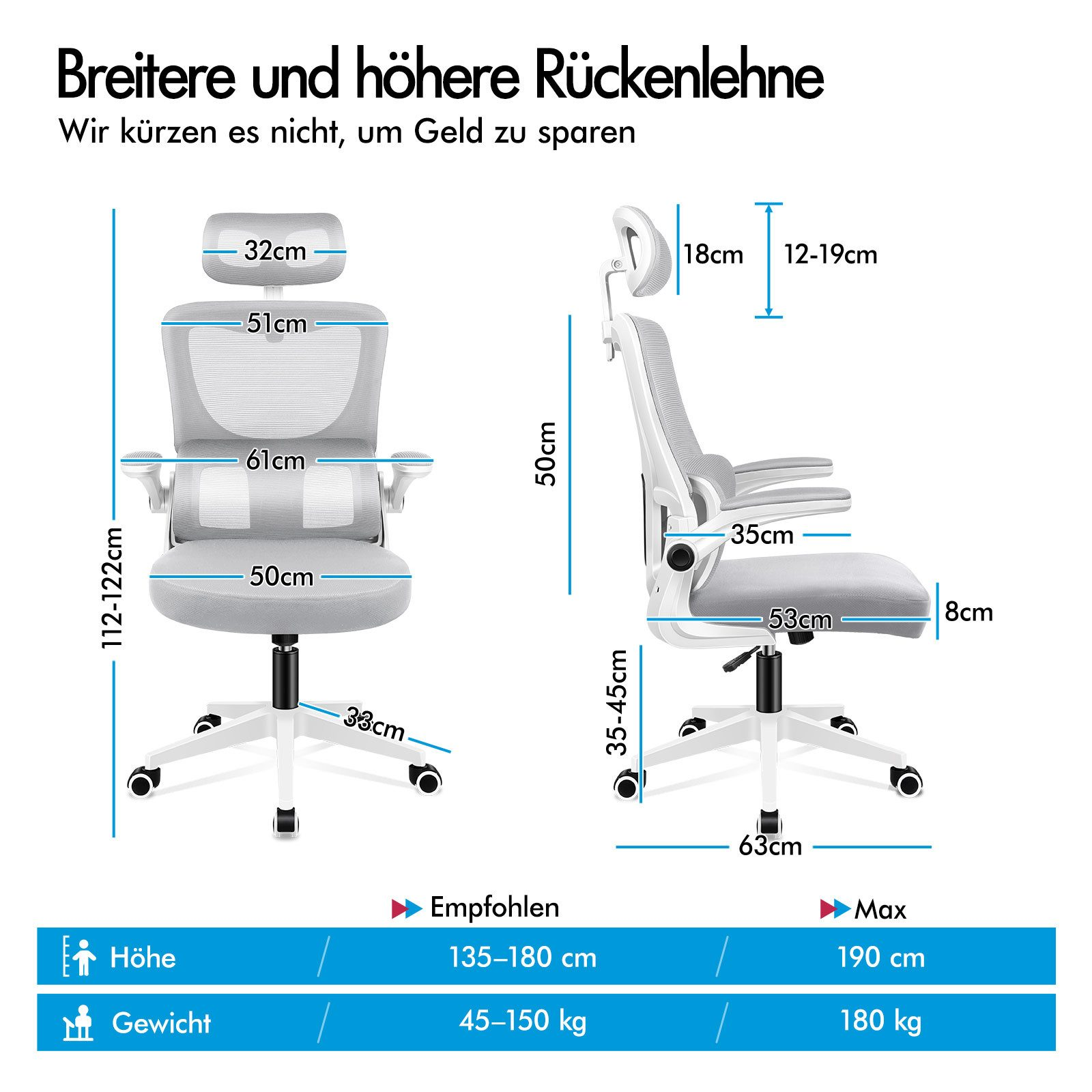 Ein Büro-Drehstuhl mit Maßen und Gewichtsbeschränkungen.