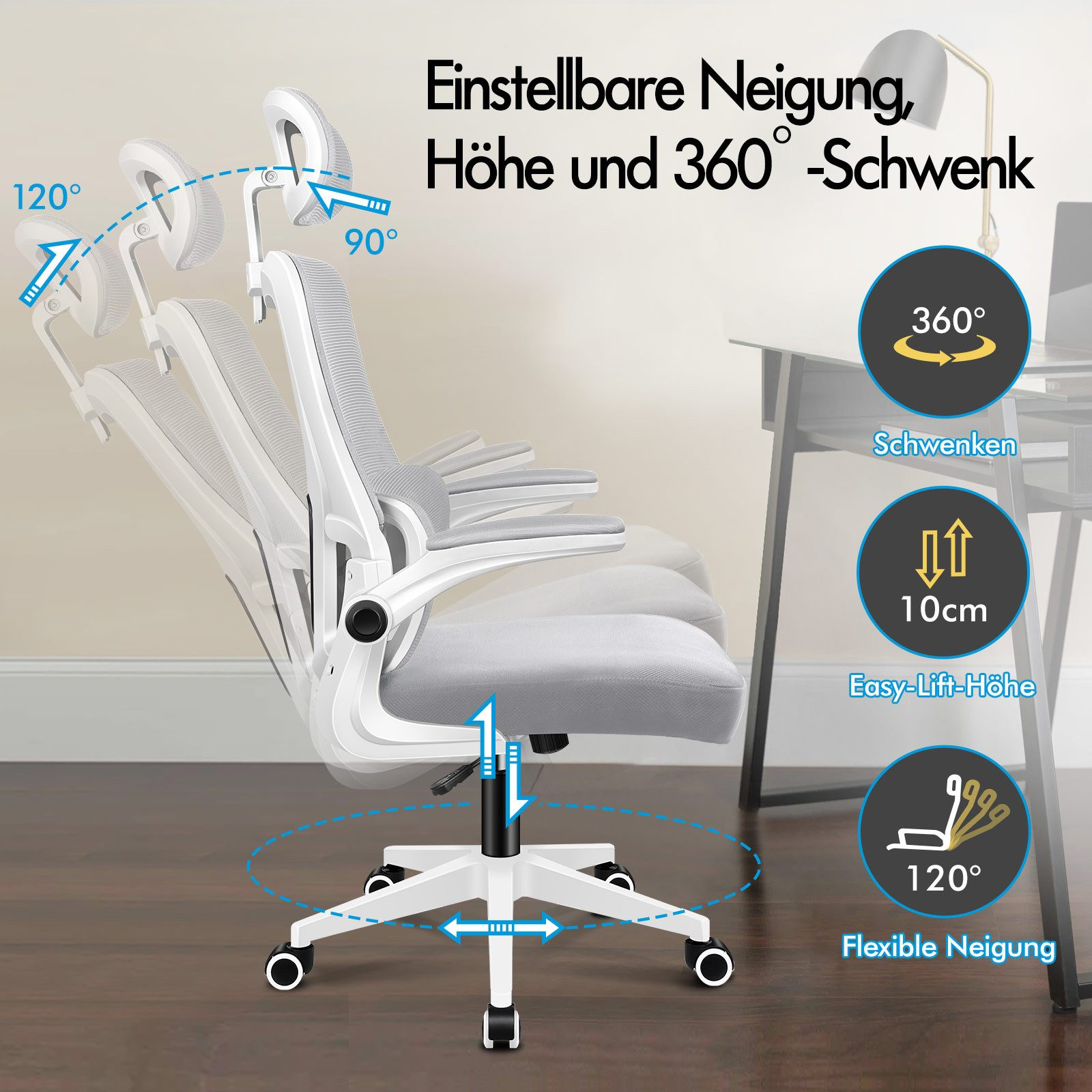 Ein verstellbarer Bürostuhl mit Neigungs-, Höhen- und Schwenkfunktionen.
