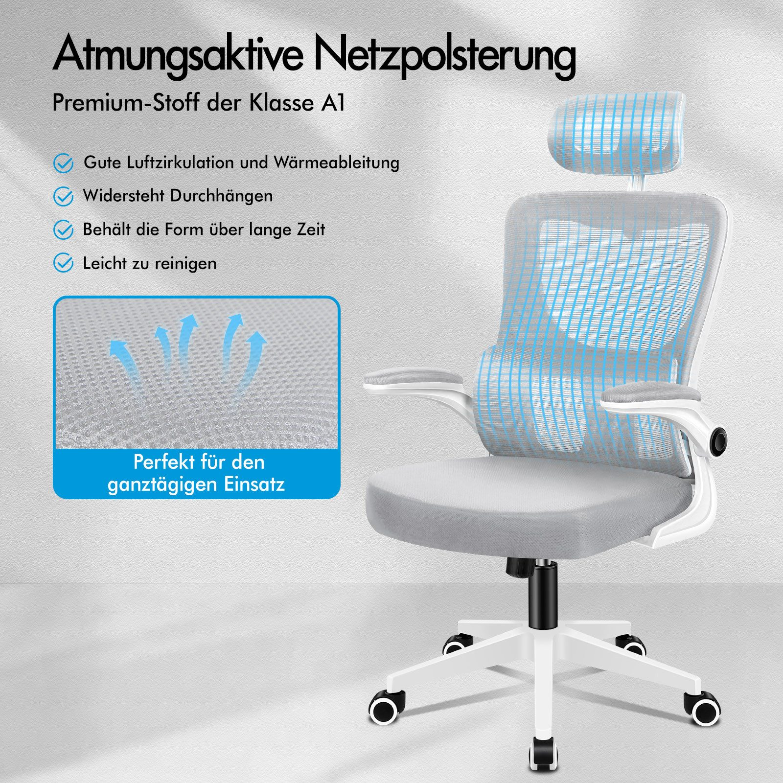 Ein atmungsaktiver Bürostuhl mit Netzrückenlehne und Kissen.