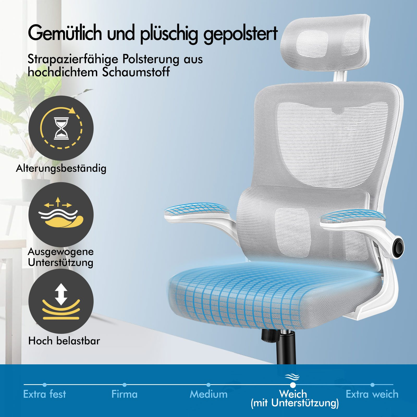 Ein weißer Bürostuhl mit Netzrücken und gepolsterter Sitzfläche wird gezeigt.
