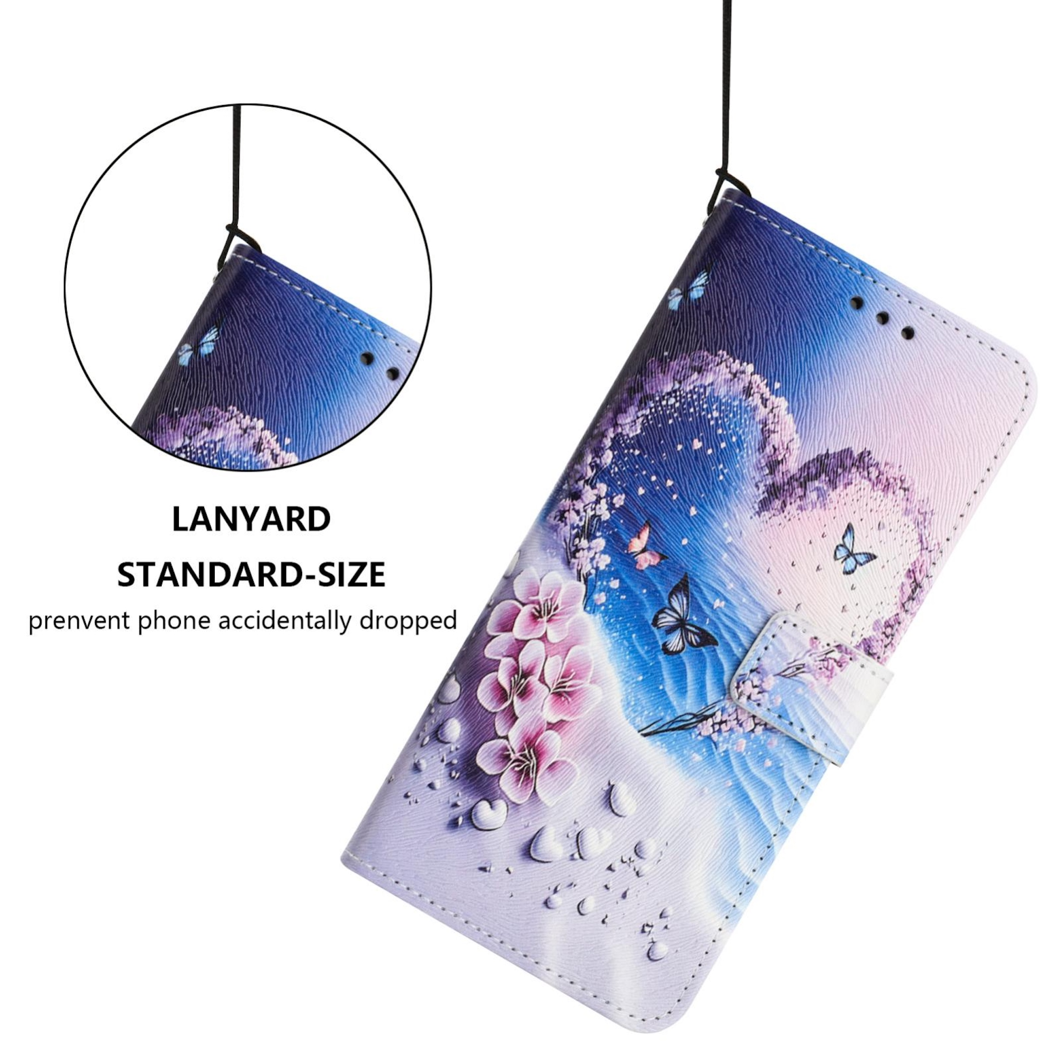 Ein blaues Handycover mit Kirschblüten und Schmetterlingen.