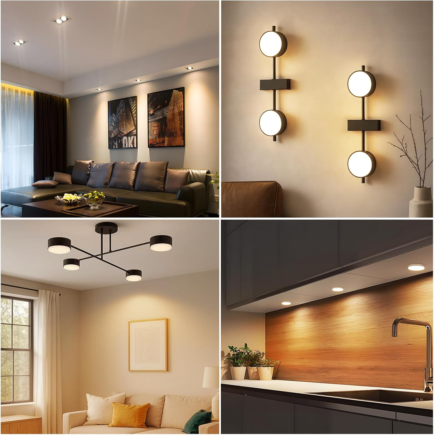Quattro scene soggiorno con illuminazione moderna: plafoniere, applique e illuminazione cucina.
