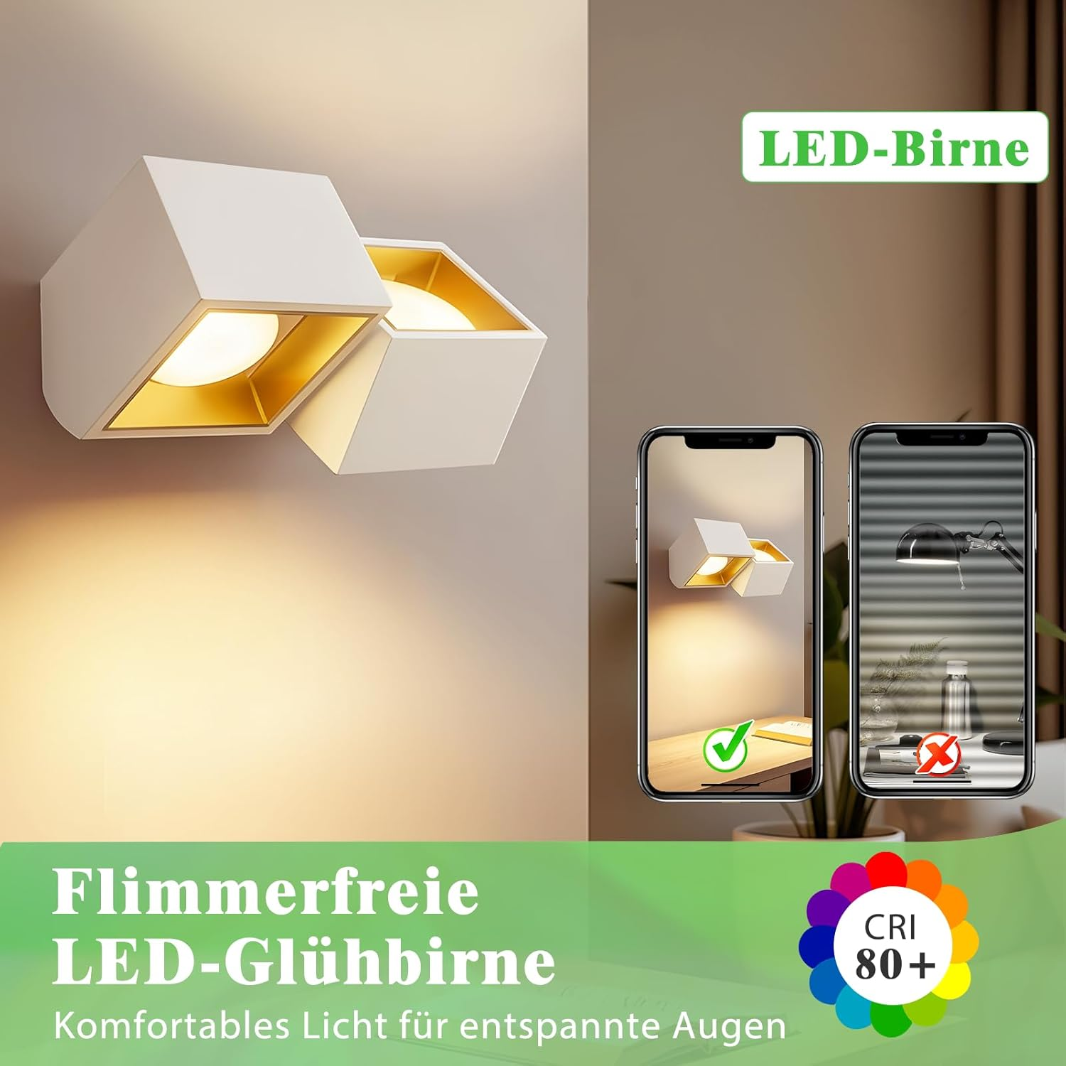 Lampada da parete moderna con due cubi bianchi e interno dorato, che emette luce calda.