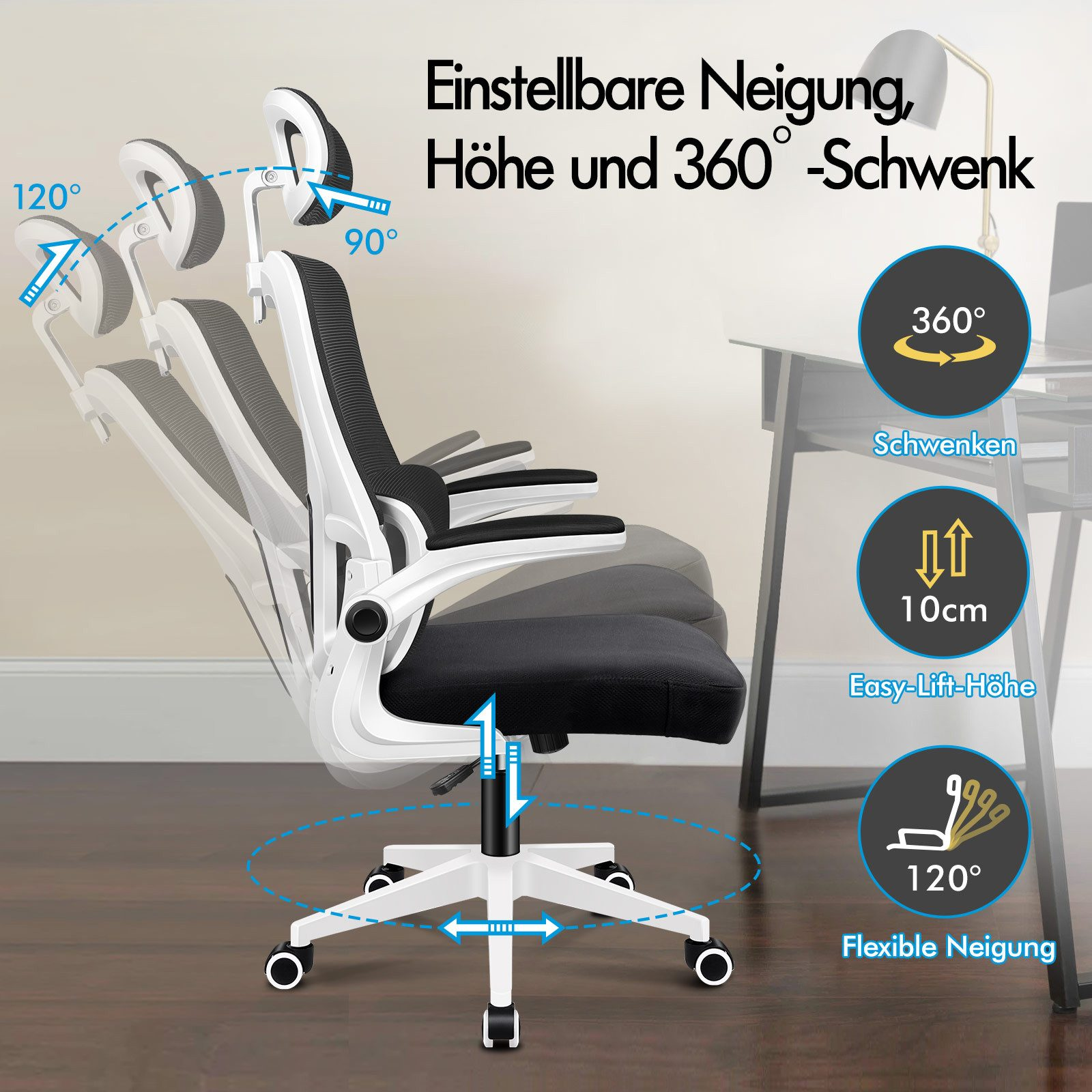 Ein schwarzer Bürostuhl mit weißem Gestell, der Neigung, Höhe und 360 Grad Schwenk zeigt.