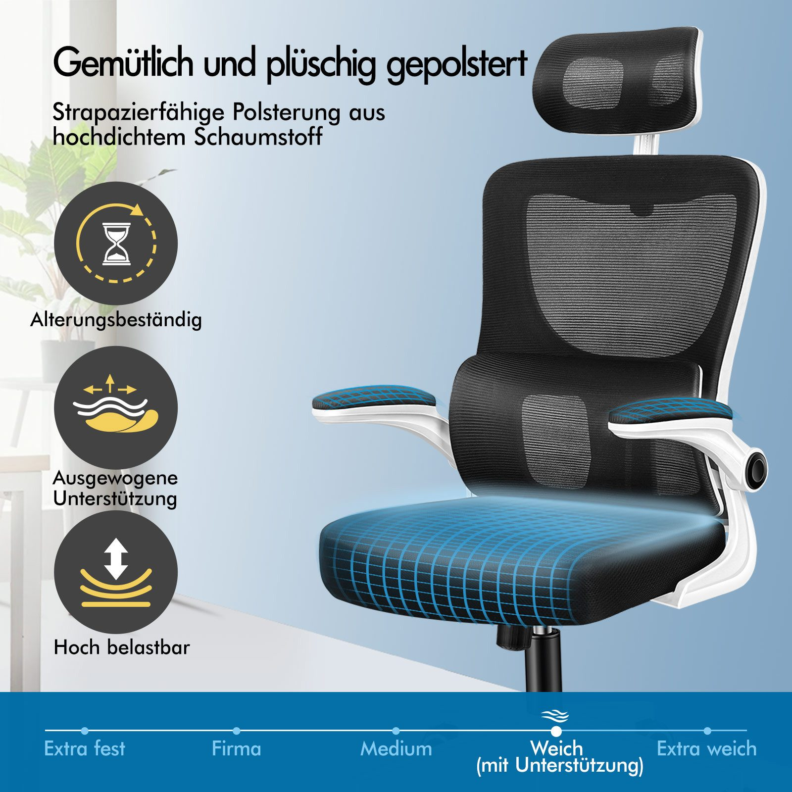 Schwarzer Bürostuhl mit Netzrücken, gepolsterten Armlehnen und Sitz.