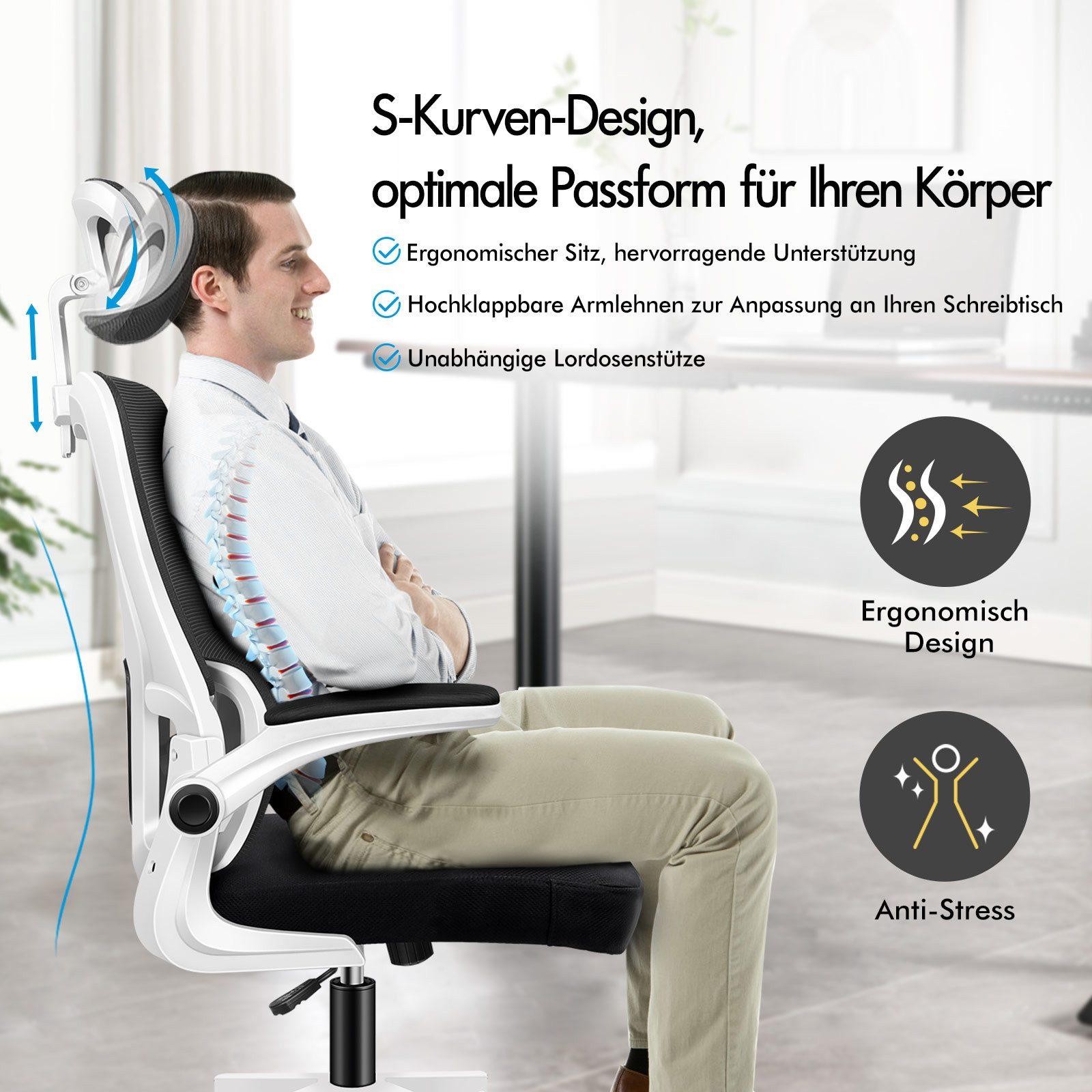 Mann sitzt in einem S-förmigen Bürostuhl mit Lordosenstütze und hochklappbaren Armlehnen.