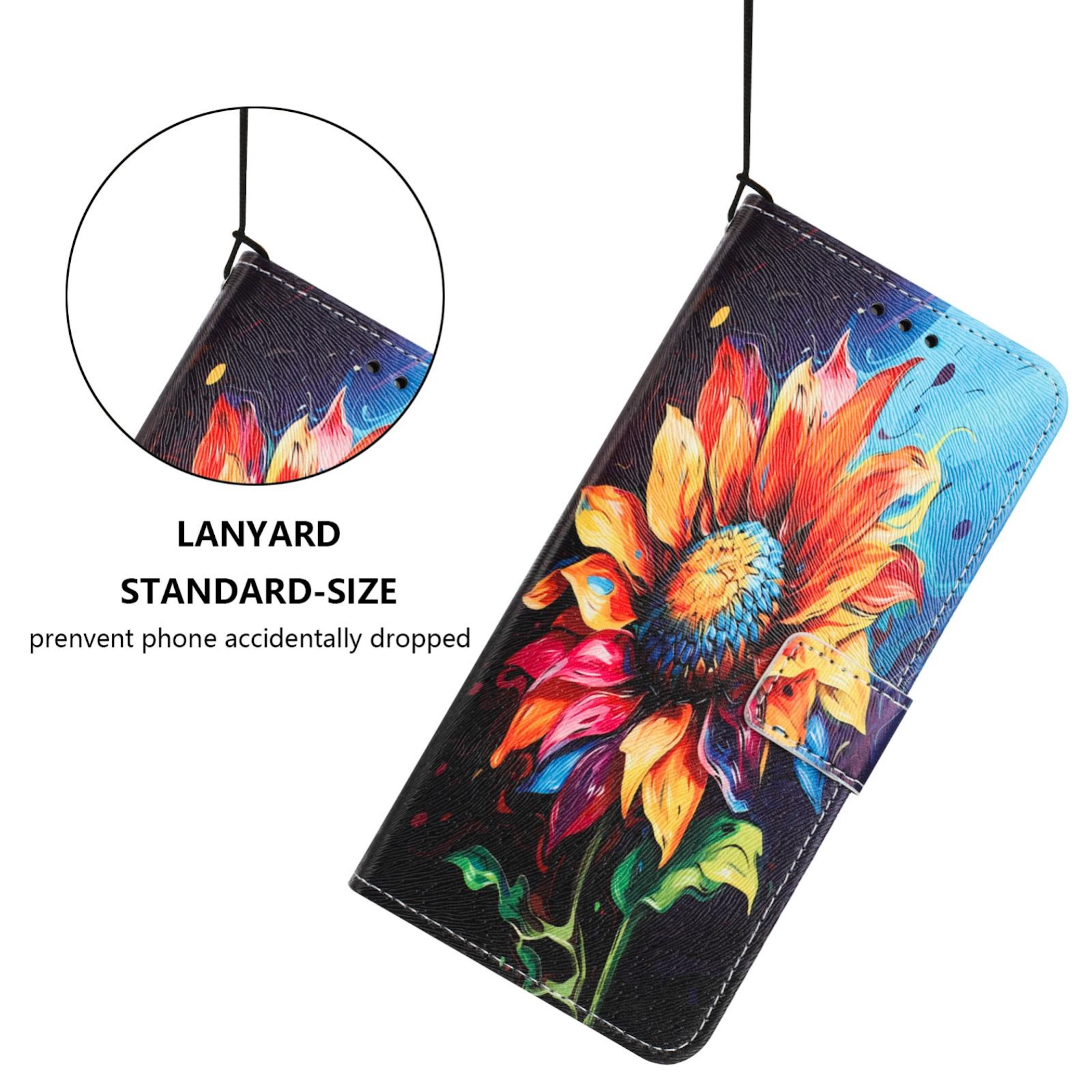Brieftaschenhülle mit buntem Blumenmuster und Lanyard.