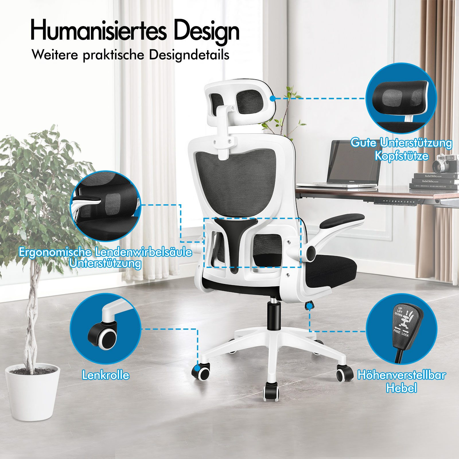 Ergonomischer Bürostuhl mit verstellbarer Kopfstütze, Lendenwirbelstütze, Rollen und Hebel.