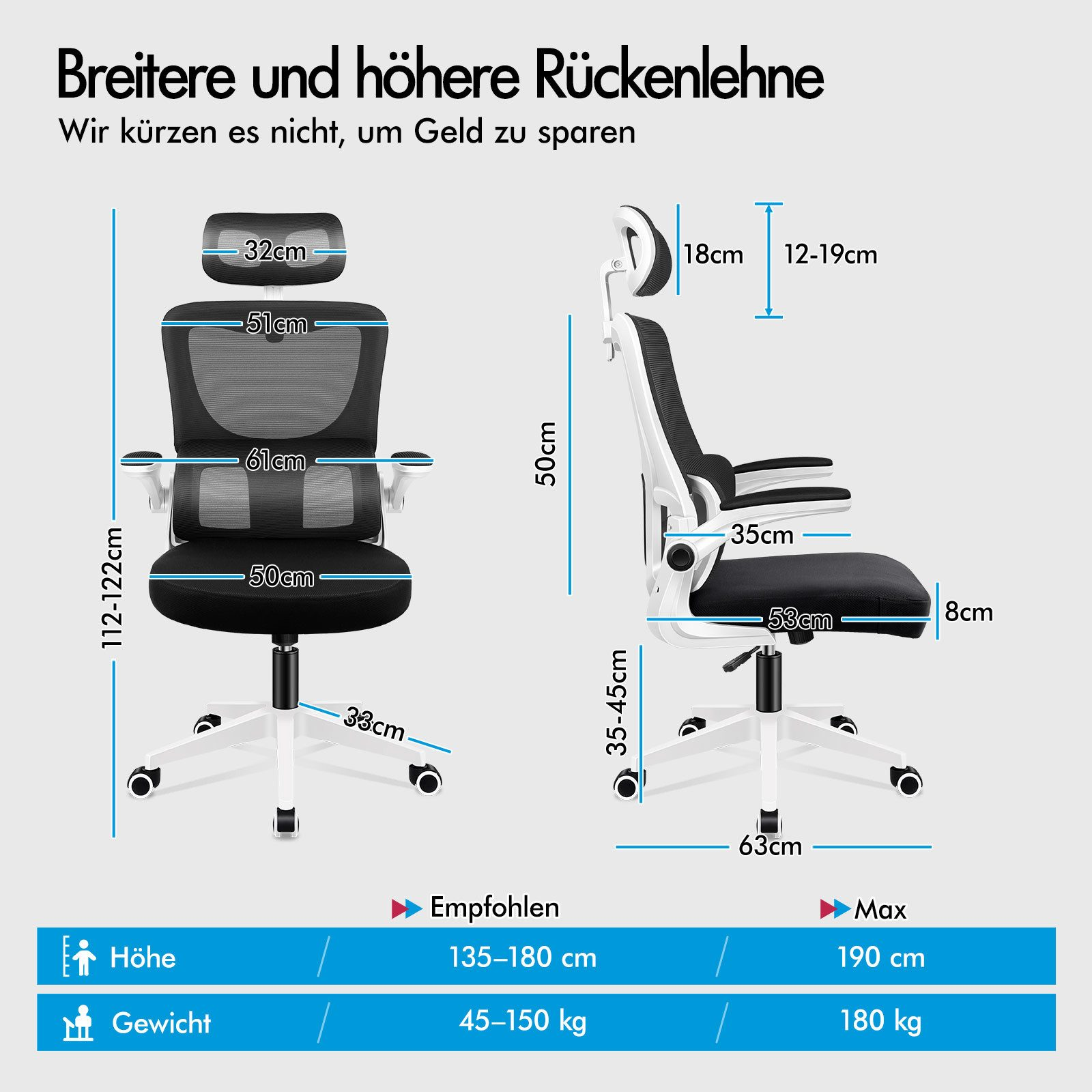 Ein schwarzer Bürostuhl mit weißem Gestell wird von vorne und seitlich gezeigt, mit Maßen.
