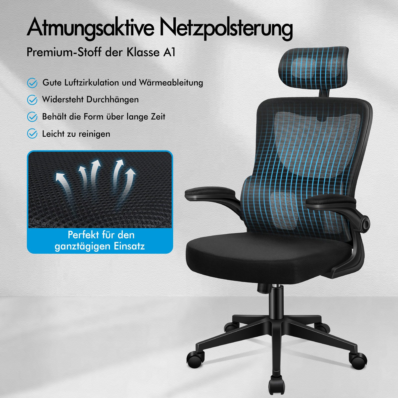 Ein schwarzer Bürostuhl mit Netzrückenlehne und verstellbarer Kopfstütze.