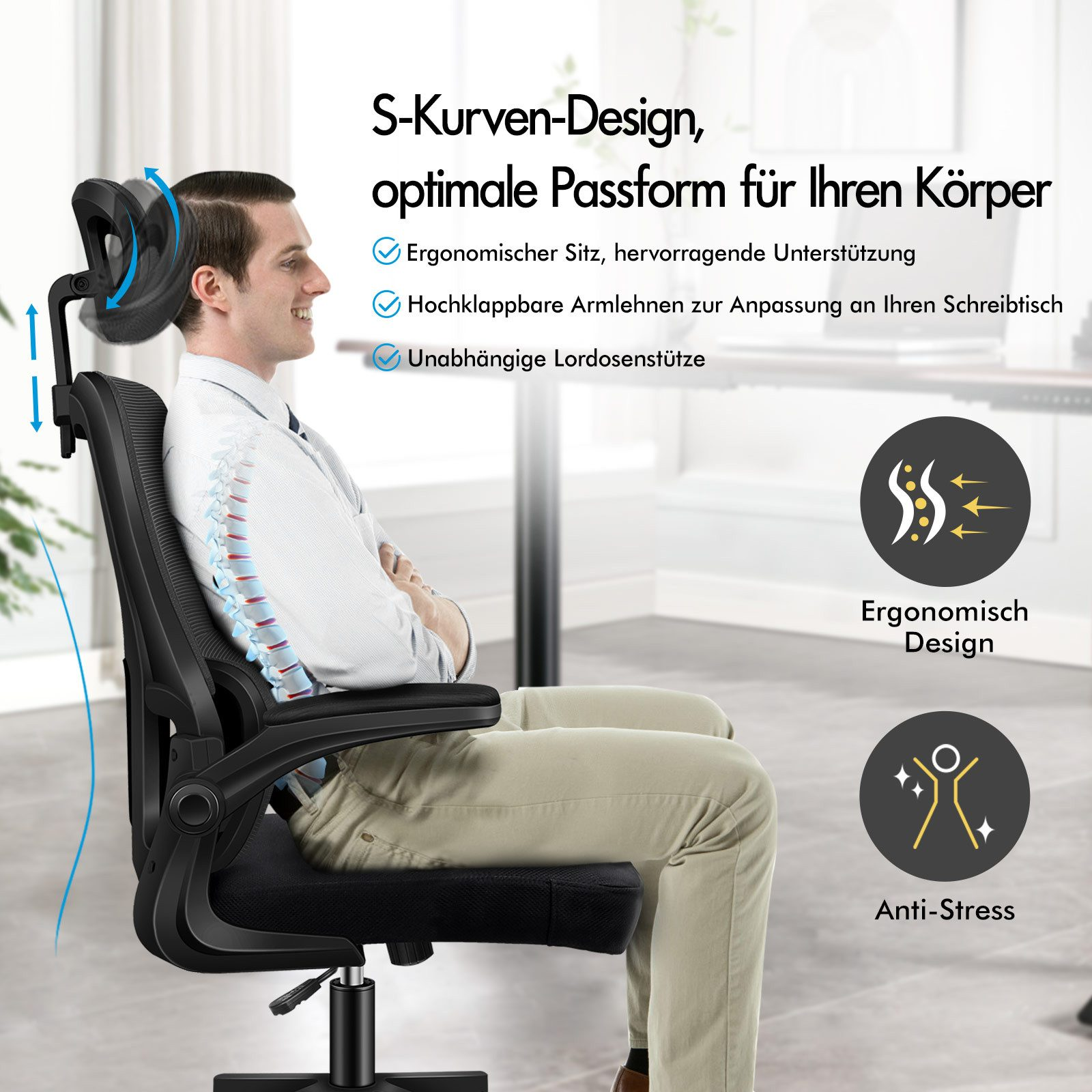 Mann sitzt in einem schwarzen Bürostuhl mit S-Kurven-Design und Lordosenstütze.
