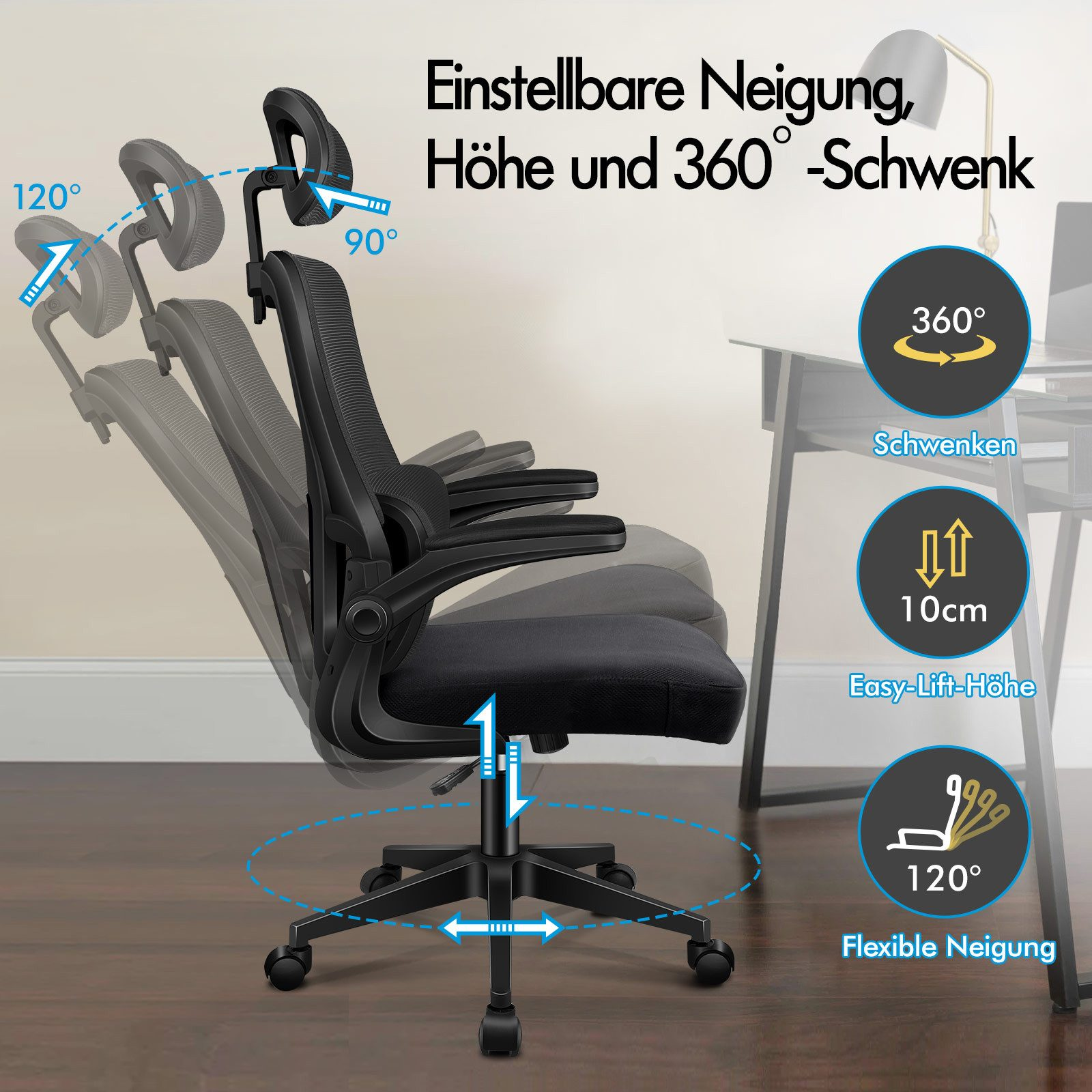 Schwarzer Bürostuhl mit verstellbarer Höhe, Neigung und 360° Schwenk.
