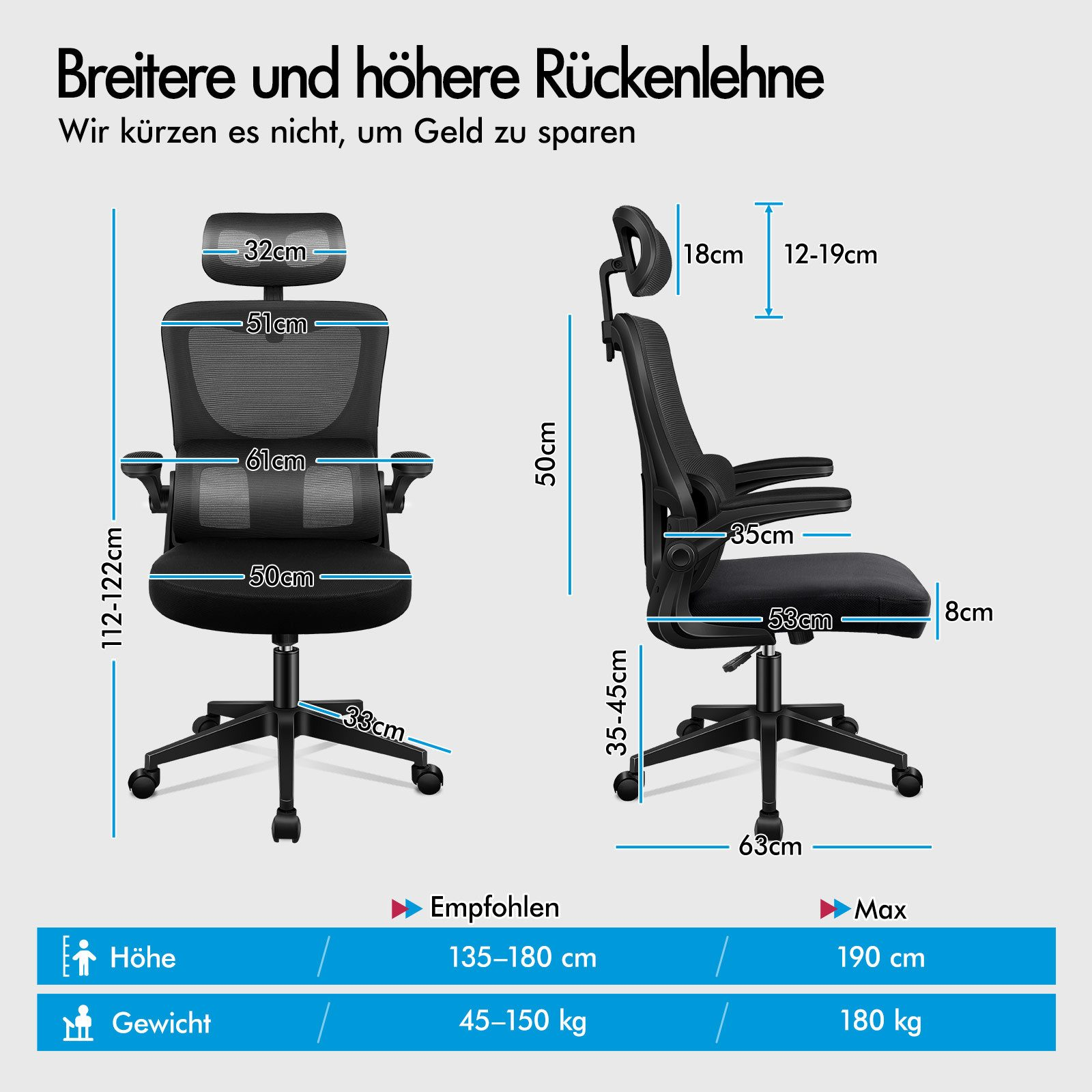Ein schwarzer Bürostuhl mit Maßen für Rückenlehne, Sitz und Gesamthöhe.