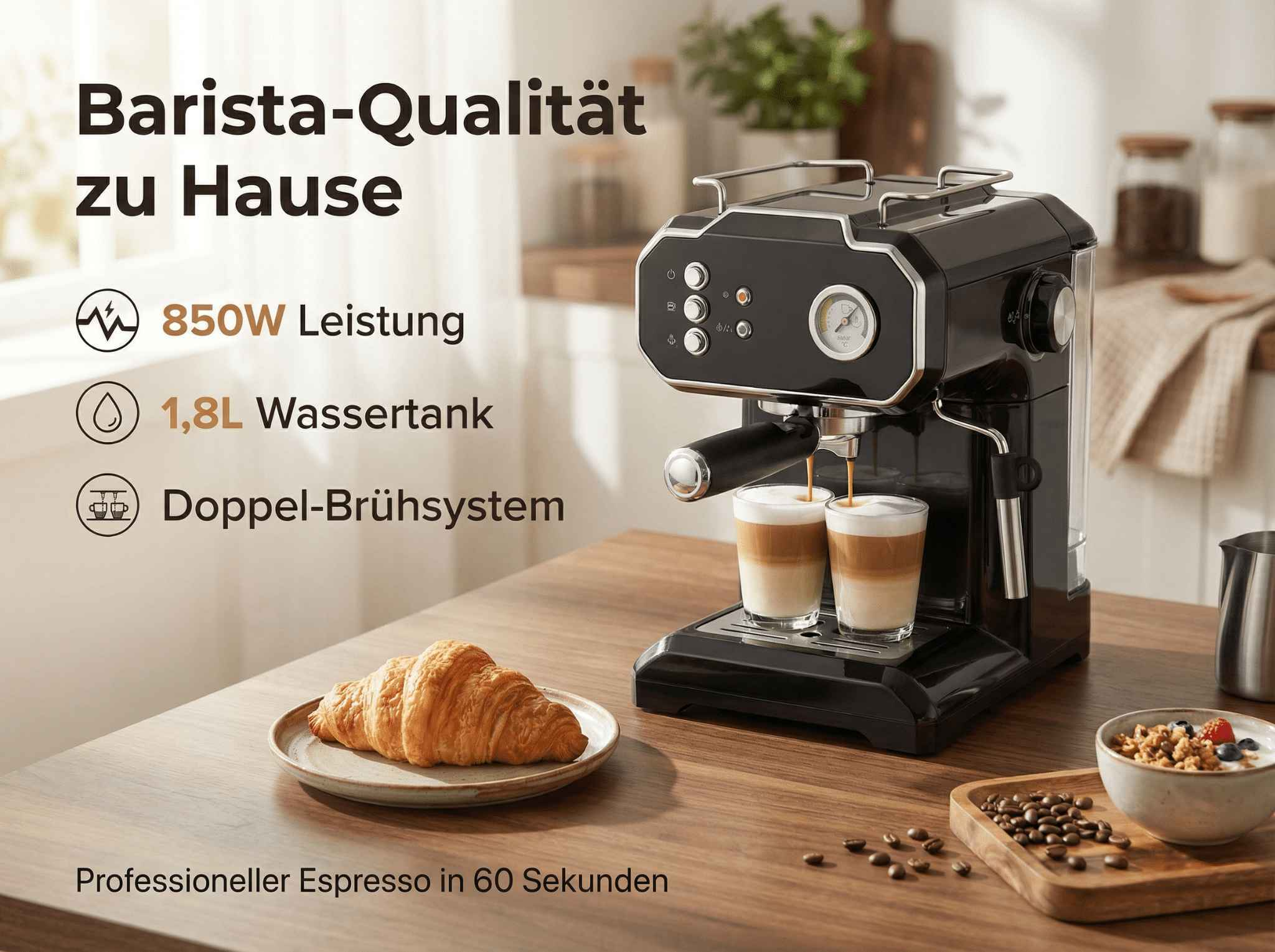 Eine schwarze Kaffeemaschine mit zwei Espressos, einem Croissant und Müsli.