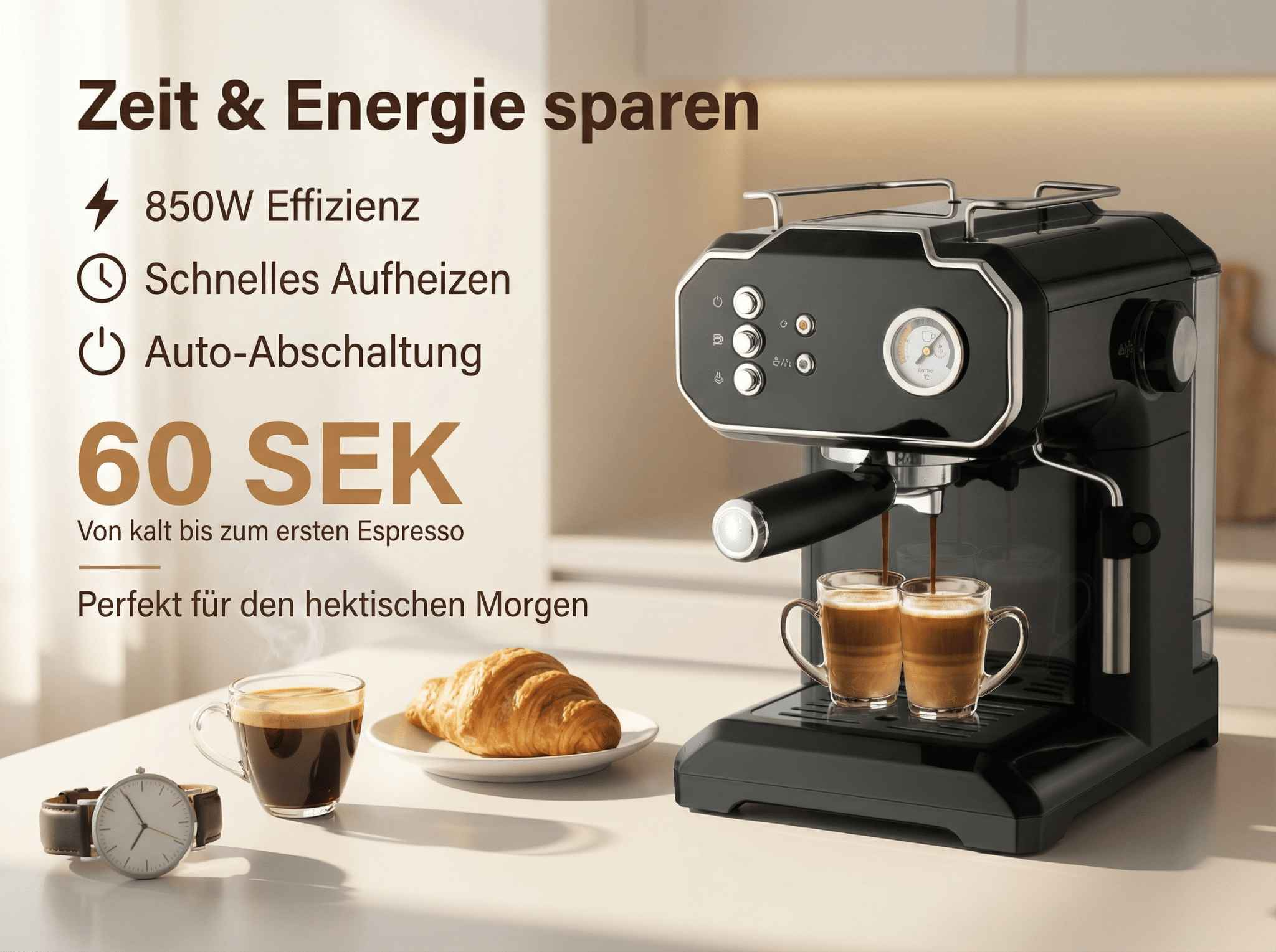 Schwarze Kaffeemaschine brüht zwei Espressi in Gläser. Daneben liegen Croissant und Uhr.