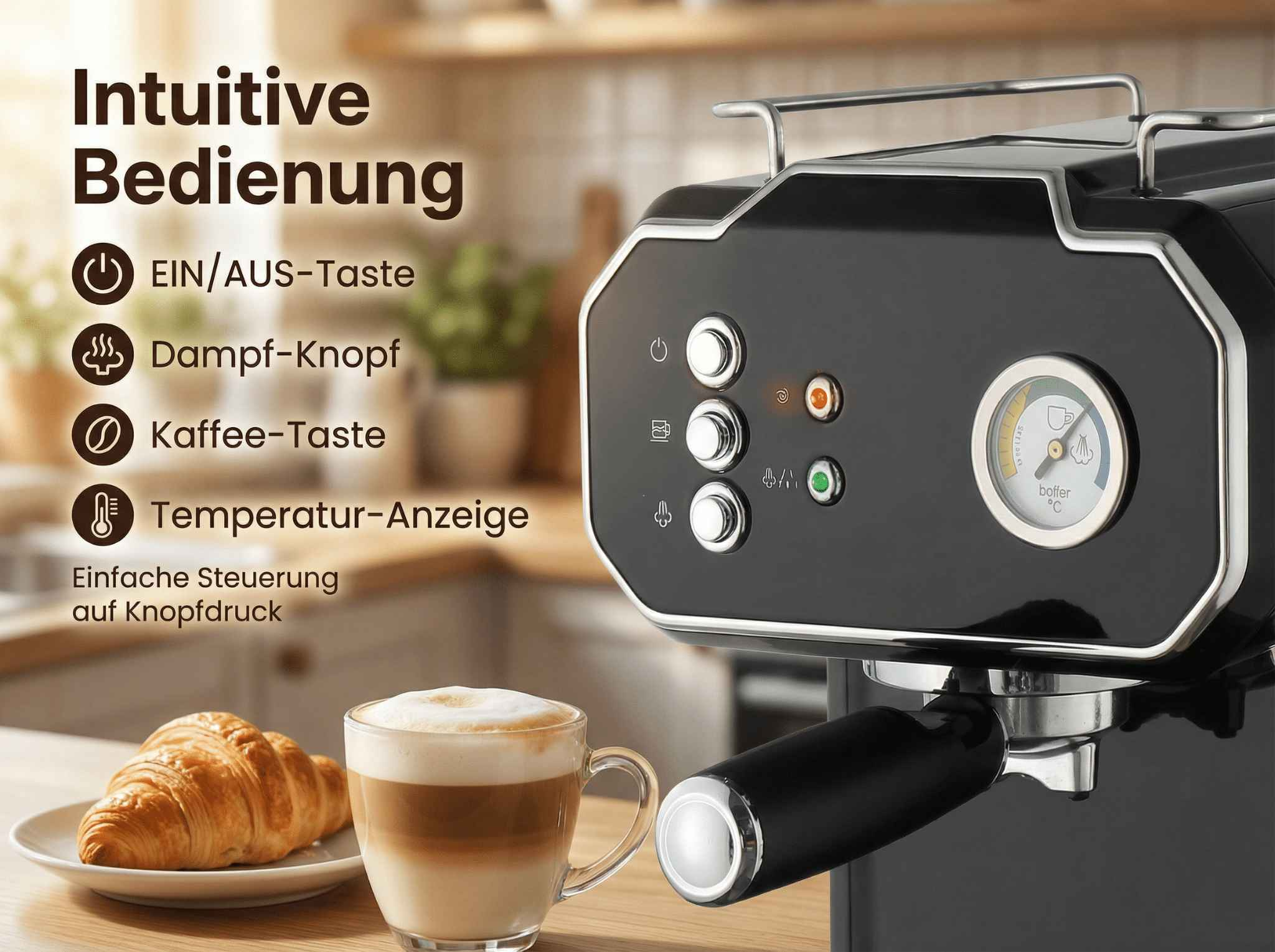 Eine Espressomaschine mit Kaffee und Croissant, intuitive Bedienung.