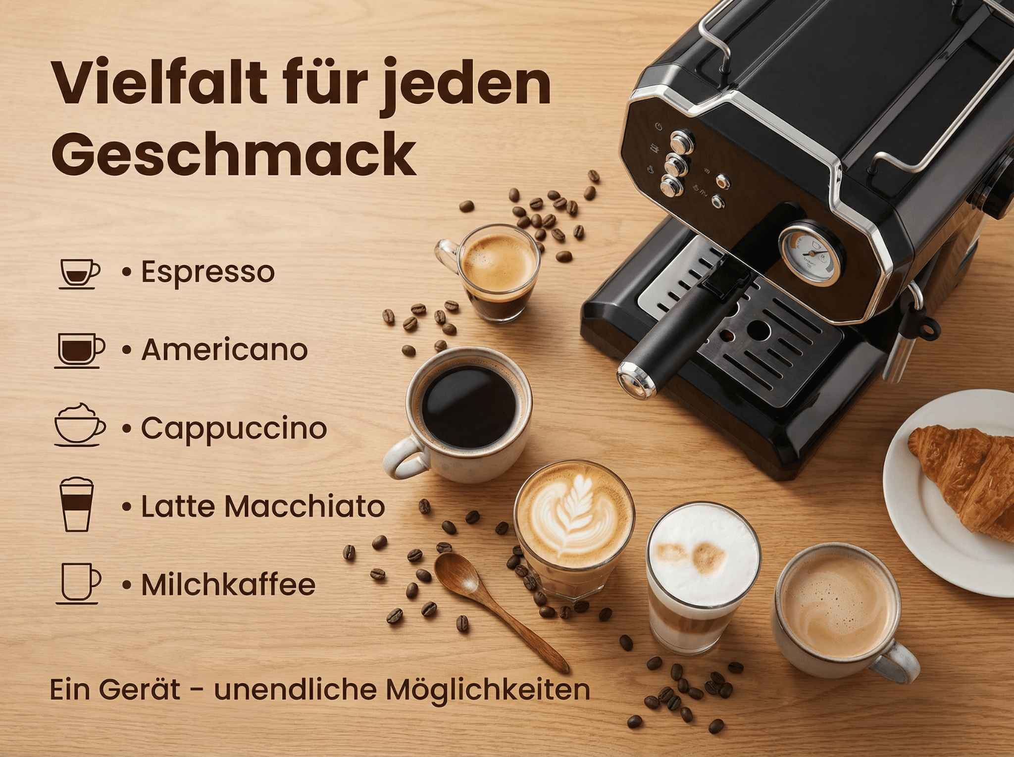 Kaffeemaschine mit verschiedenen Kaffeesorten und einem Croissant auf einem Holztisch.