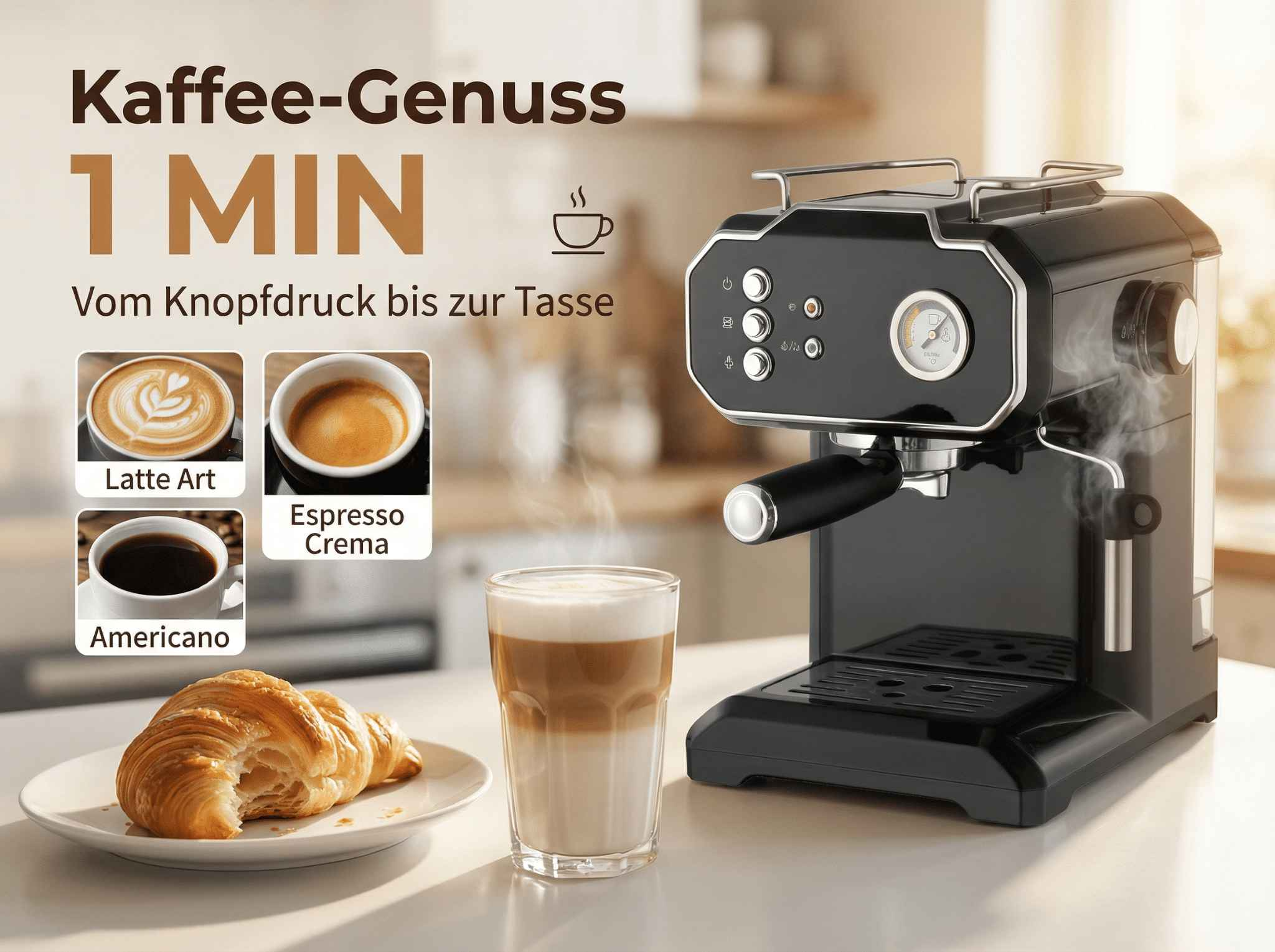 Kaffeemaschine mit Latte, Espresso, Americano und Croissant. 1 Minute Zubereitung.