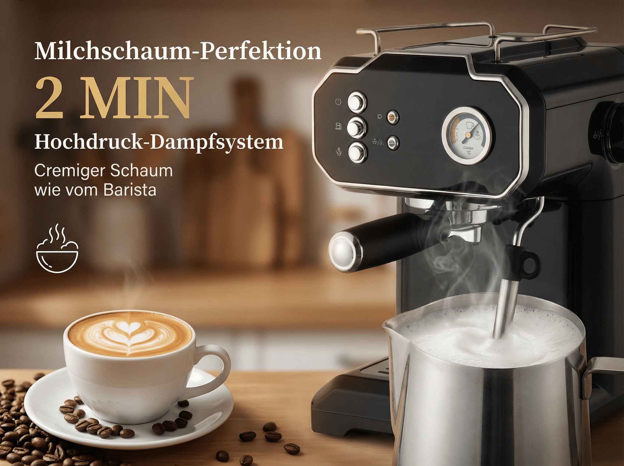 Kaffeemaschine mit Milchschaum, Kaffeetasse und Kaffeebohnen.