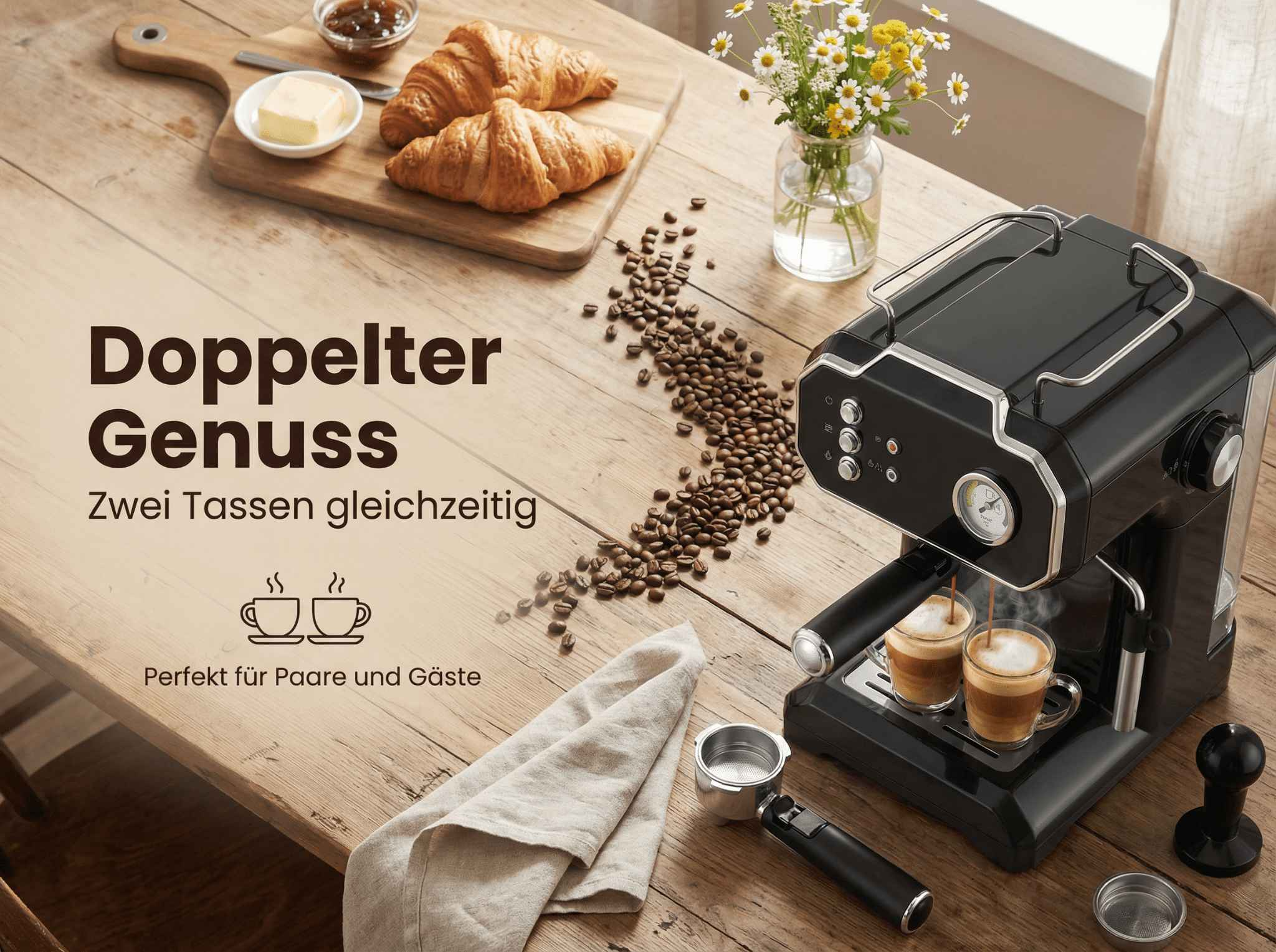 Eine Kaffeemaschine brüht zwei Espressi in Gläser auf einem Holztisch mit Kaffeebohnen und Croissants.