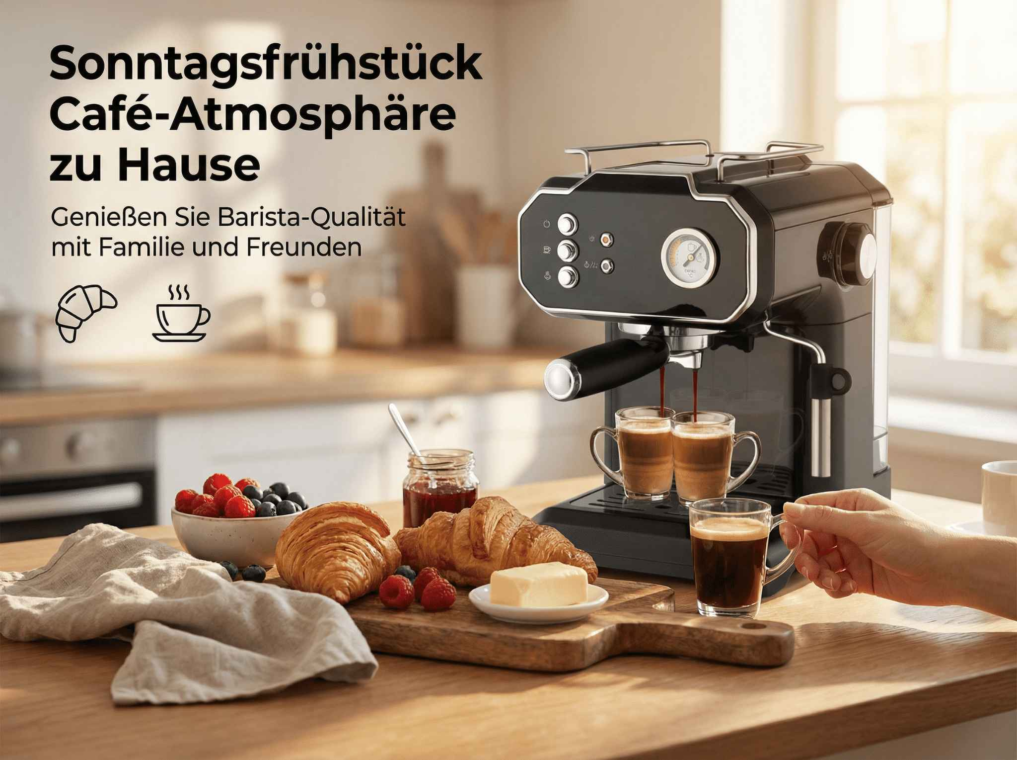 Kaffeemaschine brüht Espresso in Gläser; daneben Croissants, Beeren und Butter.