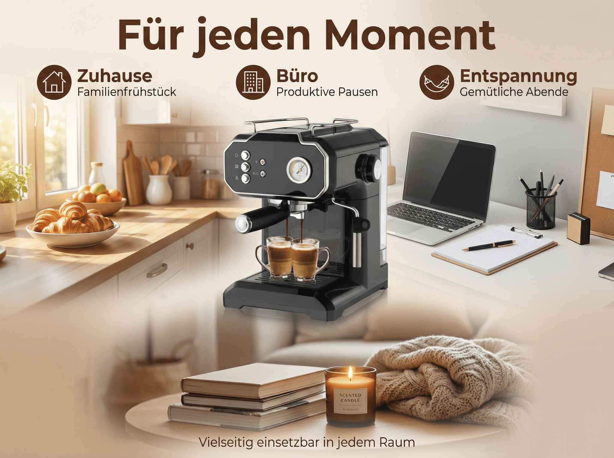 Kaffeemaschine brüht zwei Tassen Kaffee neben einer Küche und einem Büro.