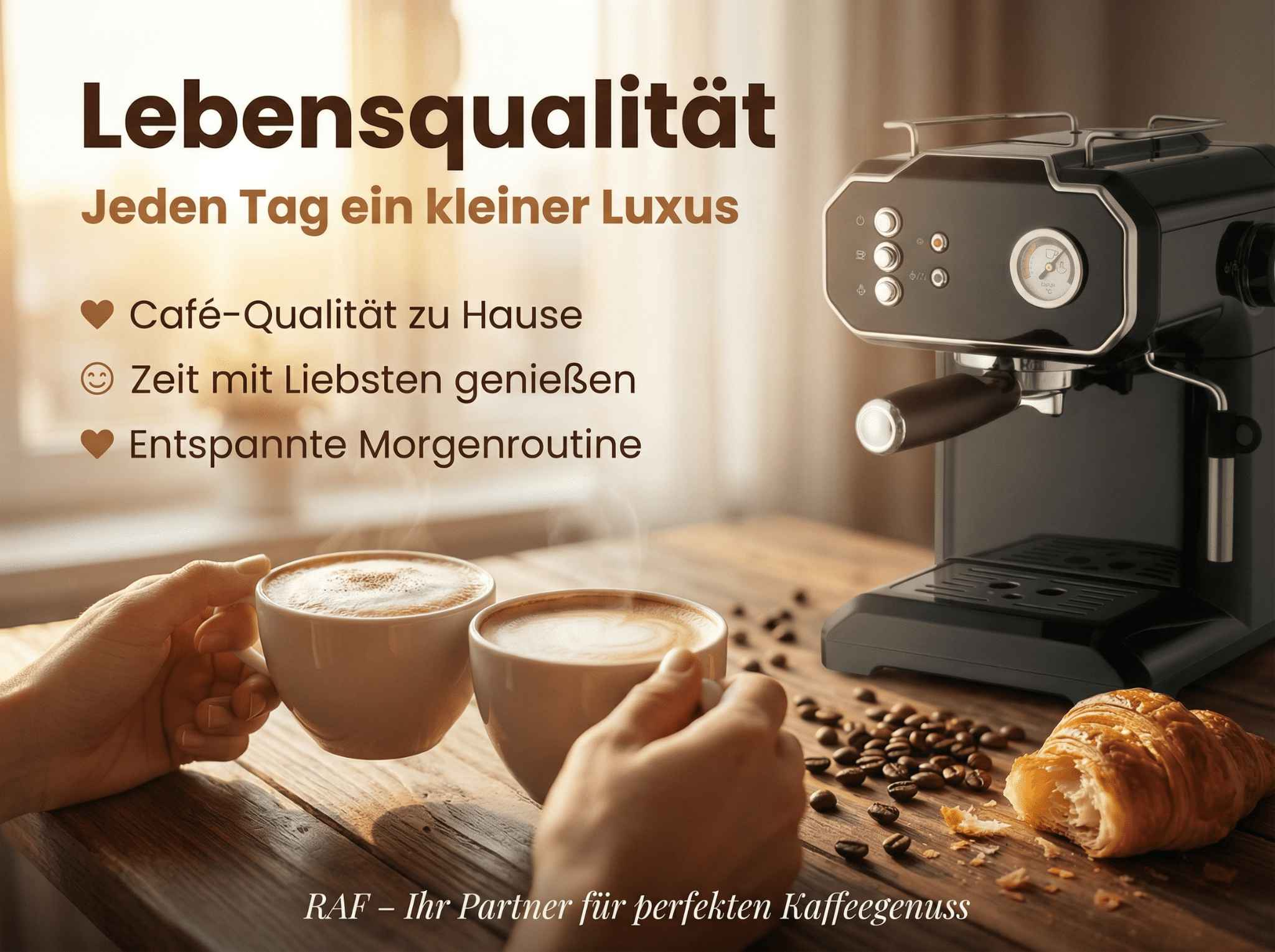 Kaffeemaschine, zwei Tassen Cappuccino und ein Croissant auf Holztisch.