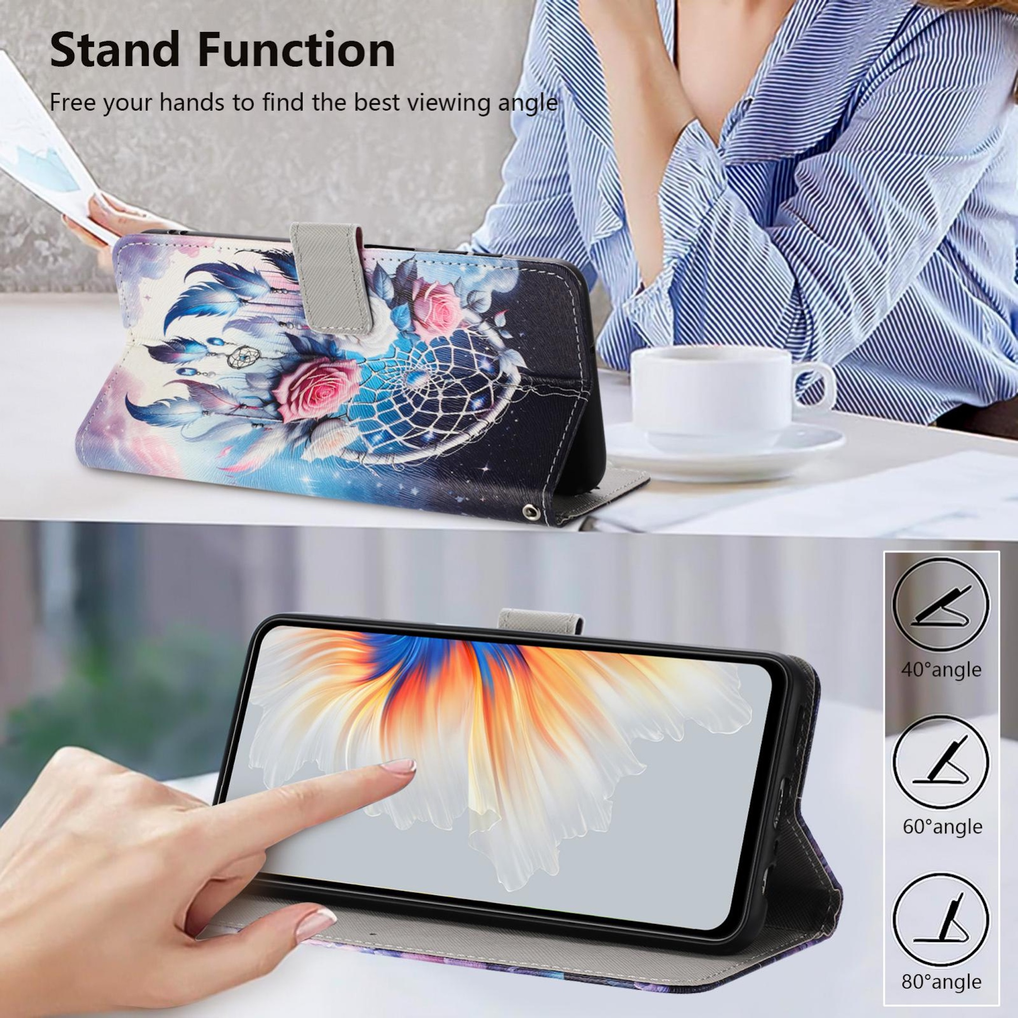 Ein Handy-Flipcase mit Dreamcatcher-Motiv steht aufrecht.