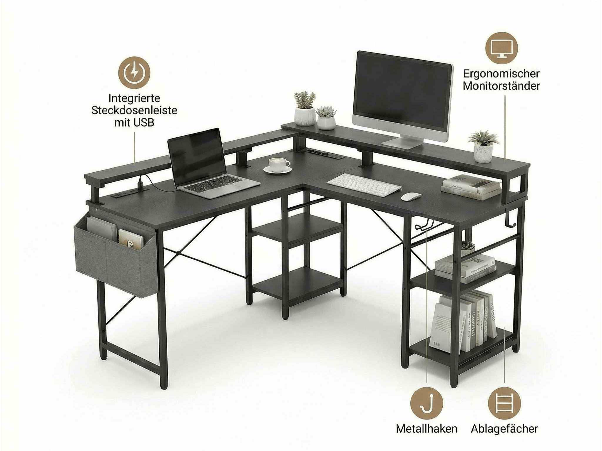 Schwarzer L-förmiger Schreibtisch mit Monitorerhöhung, Laptop, Tastatur, Maus und Pflanzen.
