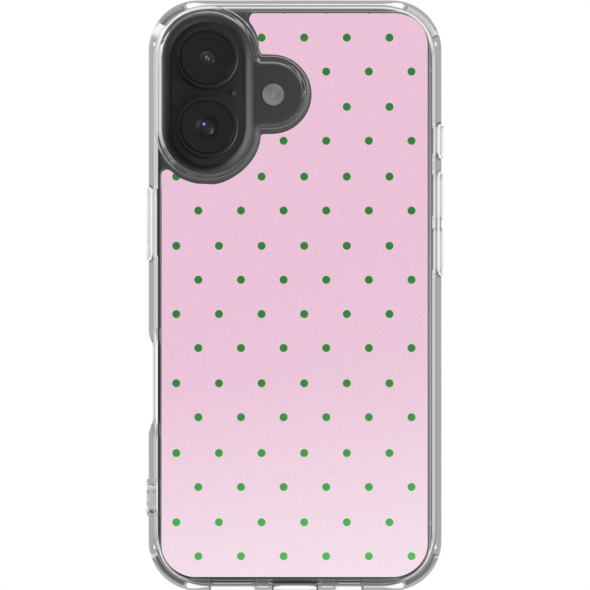 Roze telefoonhoesje met groene stippen en zwarte cameramodule.